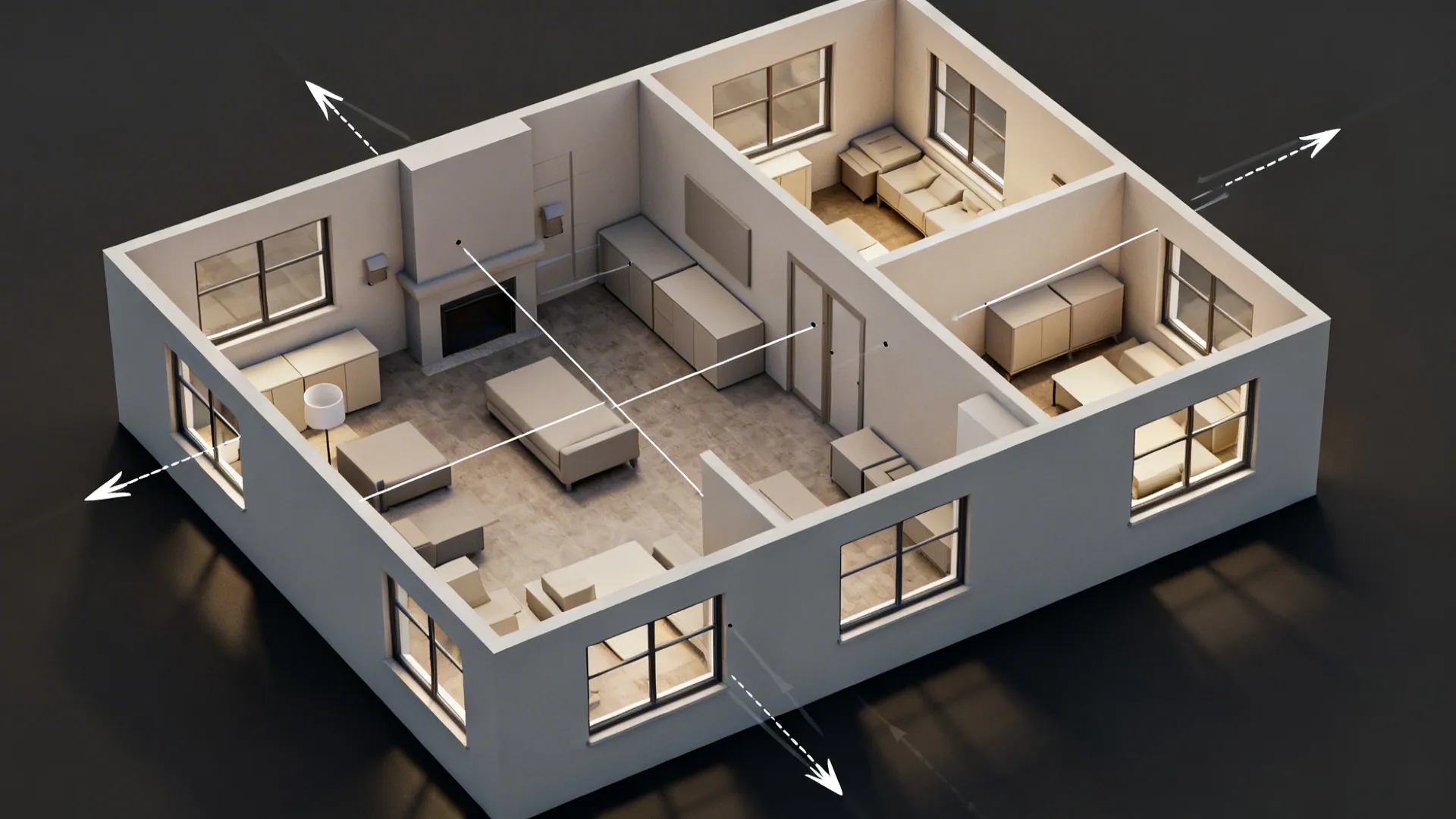 Top-down 3D floor planner layout showing furniture, windows and sight lines for a ranch renovation