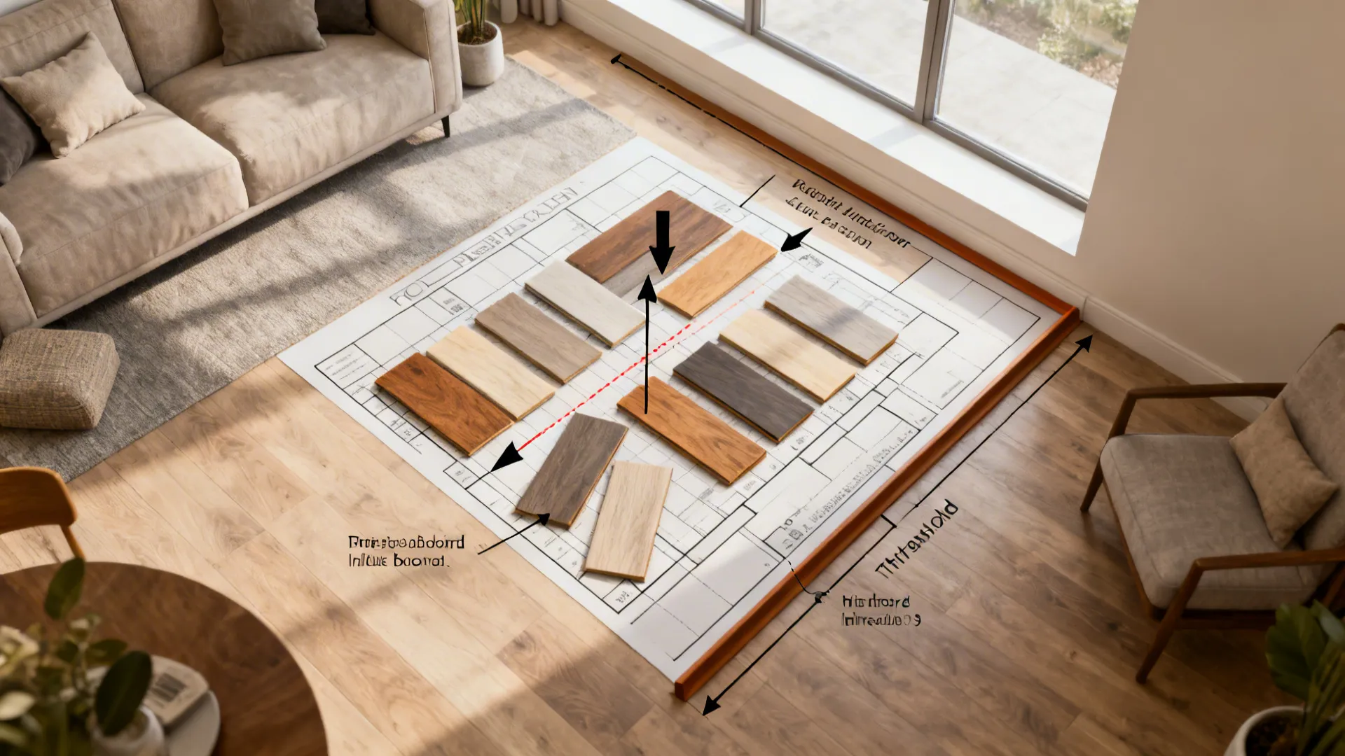Top-down view of floor planner with plank samples and arrows showing optimal sightlines and orientations.