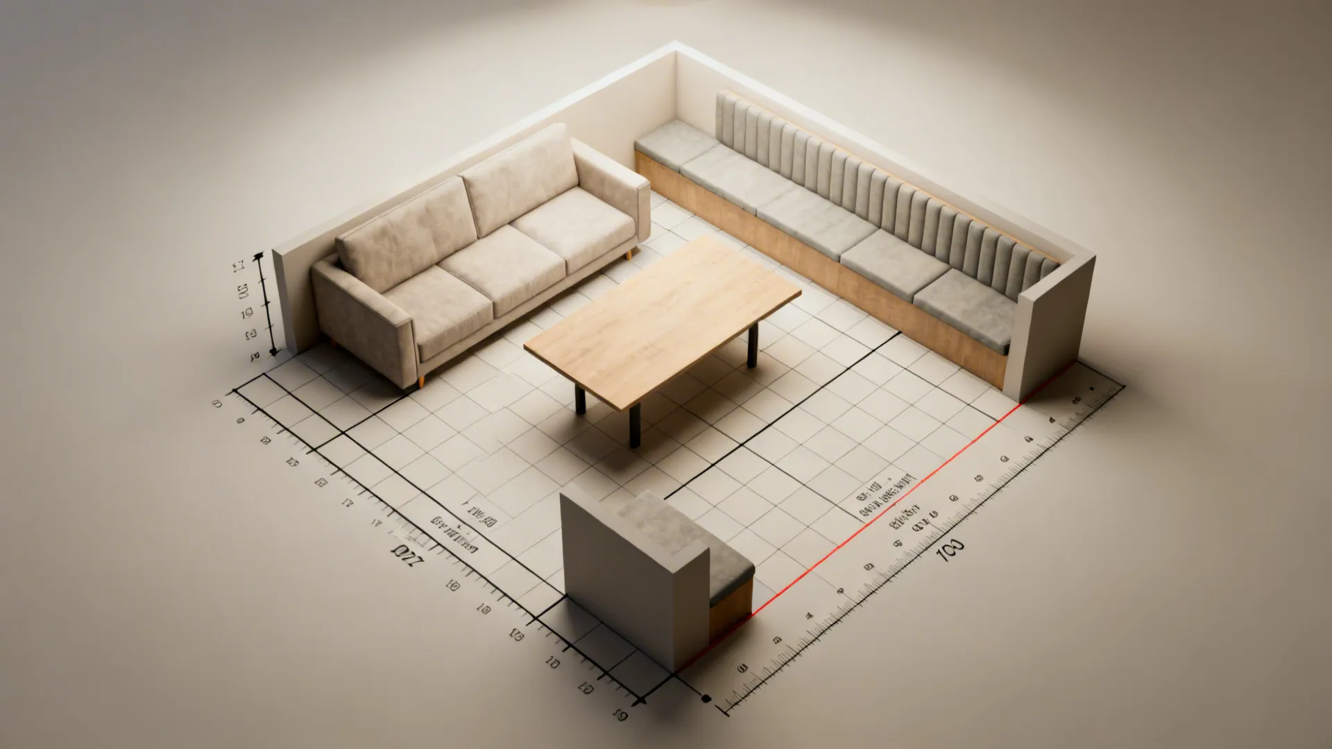 Interior design drawing showing room layout with beige sofa wooden table and long bench seat