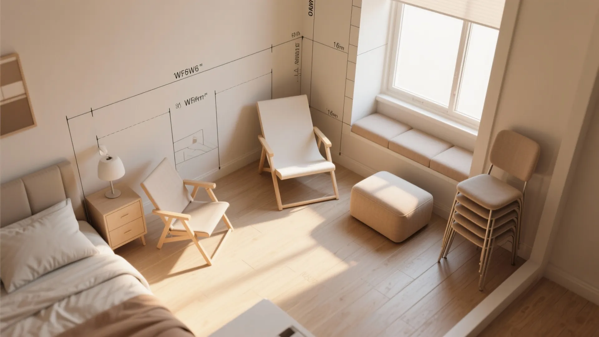 Top-down 3D floor plan mockup of a tiny bedroom showing seating layout options