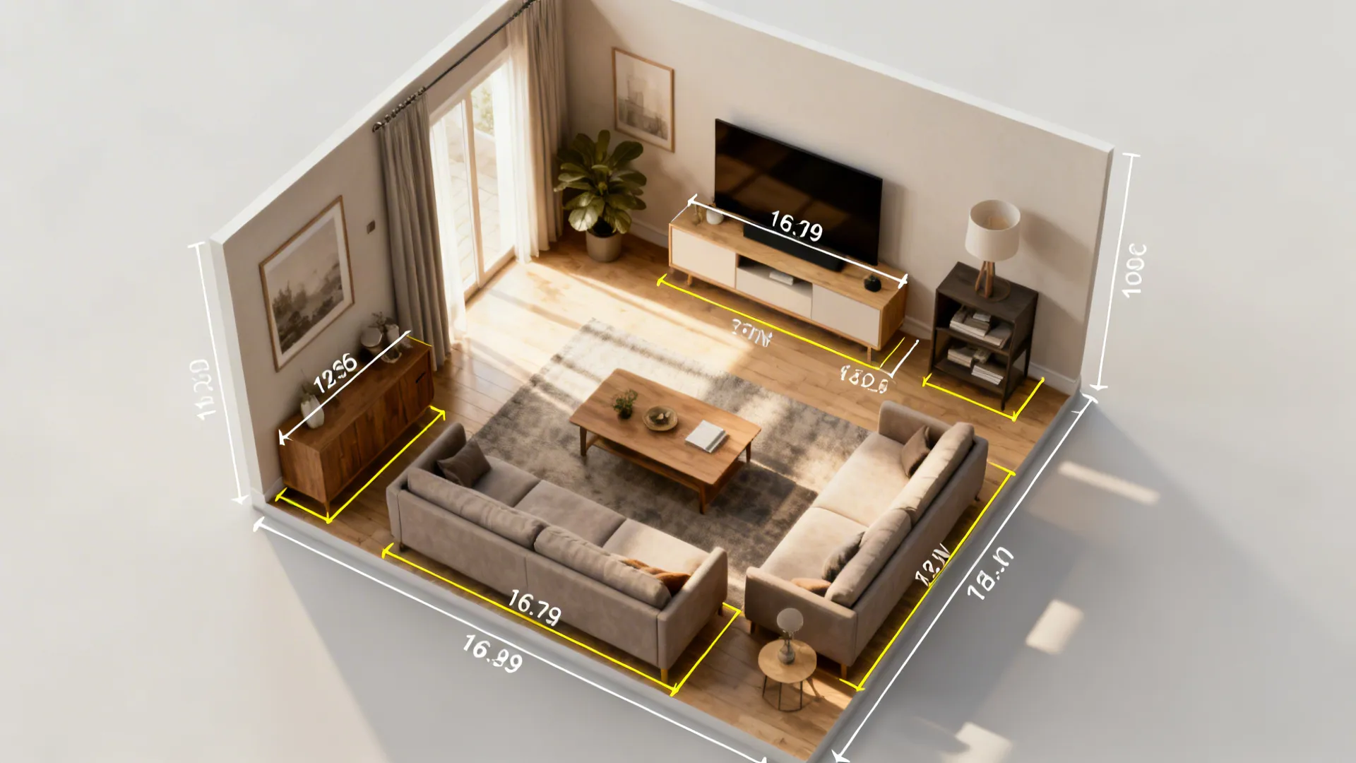 Top-down floor planner view showing furniture placement and clearance measurements for a small living room.