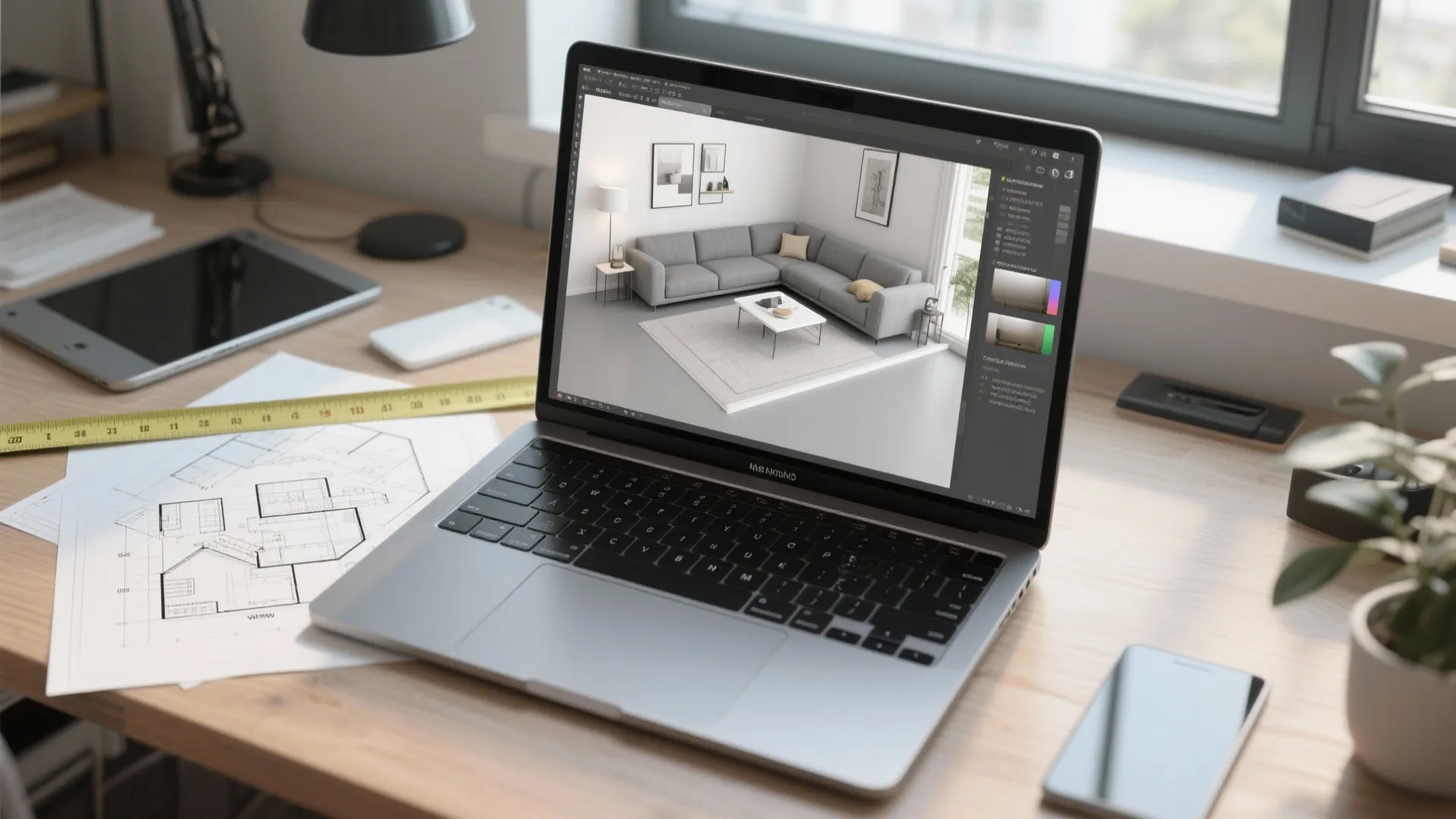 Laptop on wooden desk showing interior design drawing of living room with sofa and rug