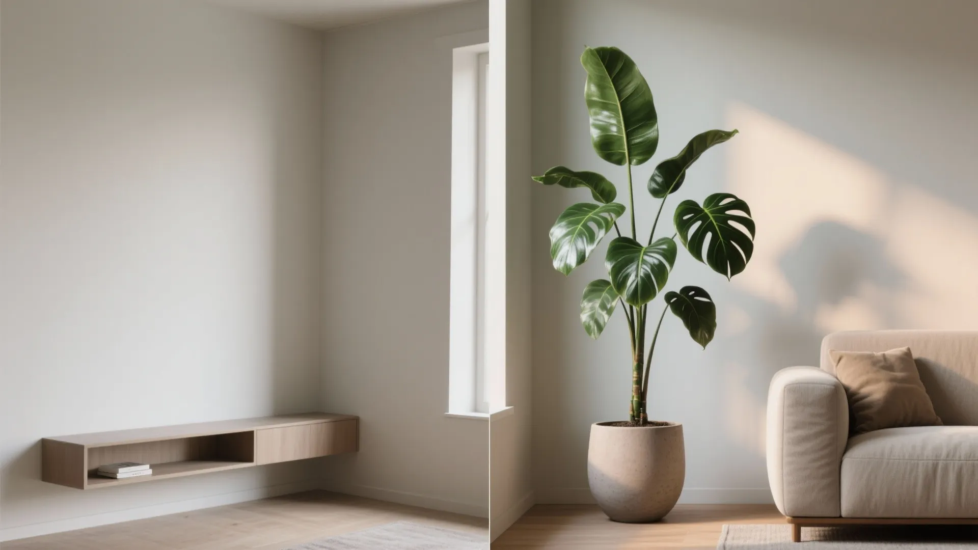 Before and after comparison of an empty living room corner versus adding a large plant