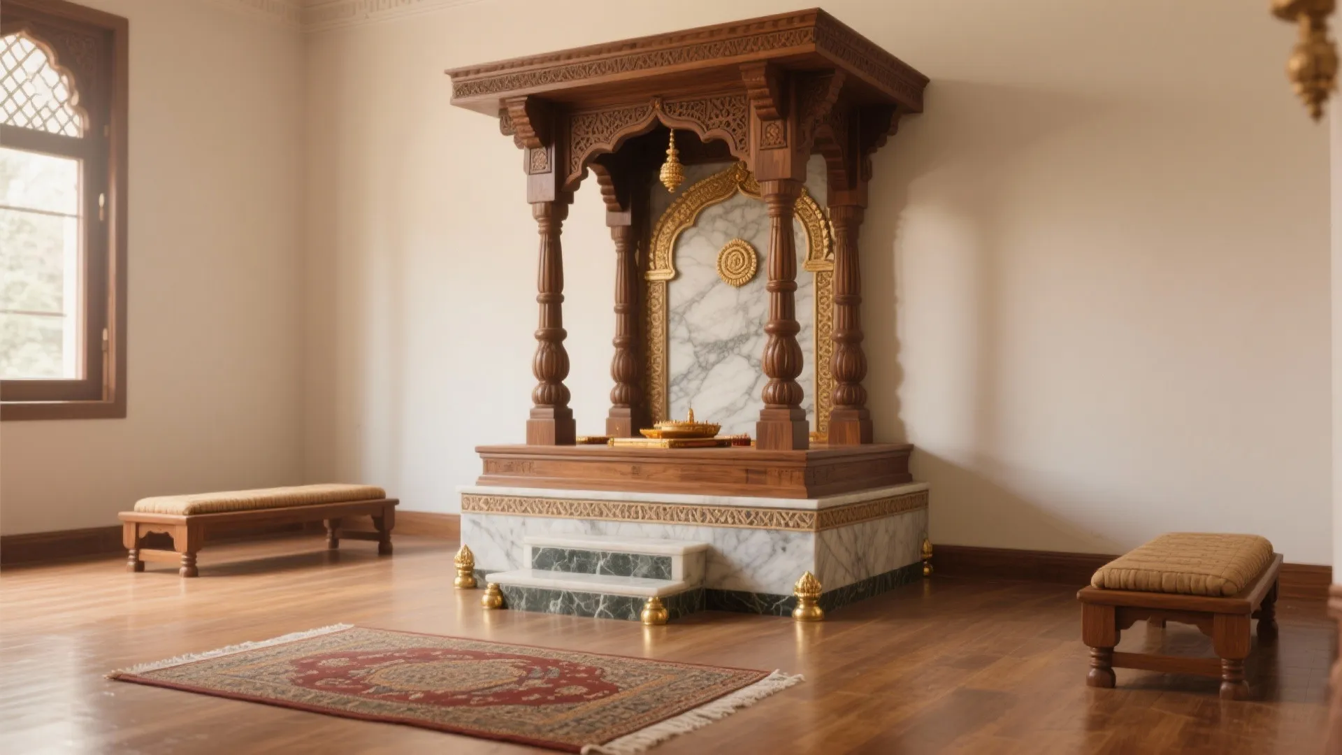 Traditional large wooden temple on a marble base inside a room with wood floors and seating