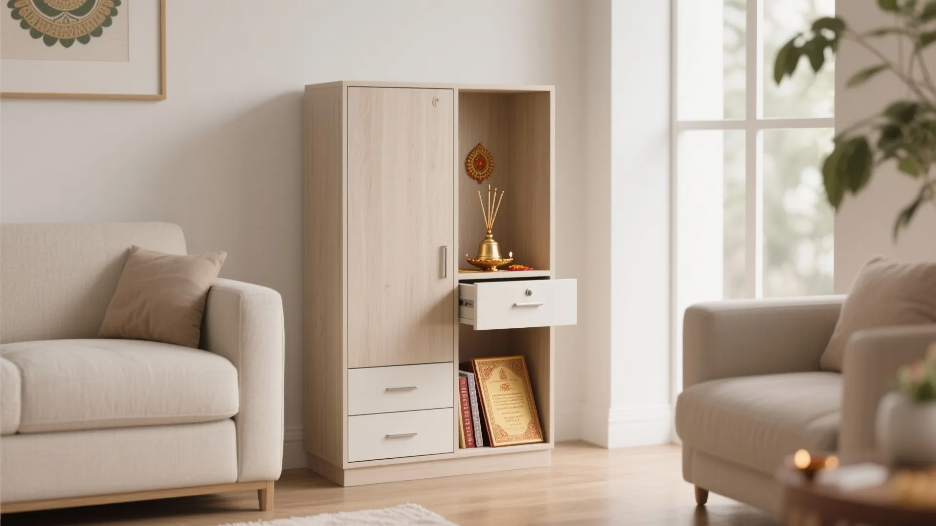 Slim floor-standing pooja unit with hidden storage in a minimalist living room.