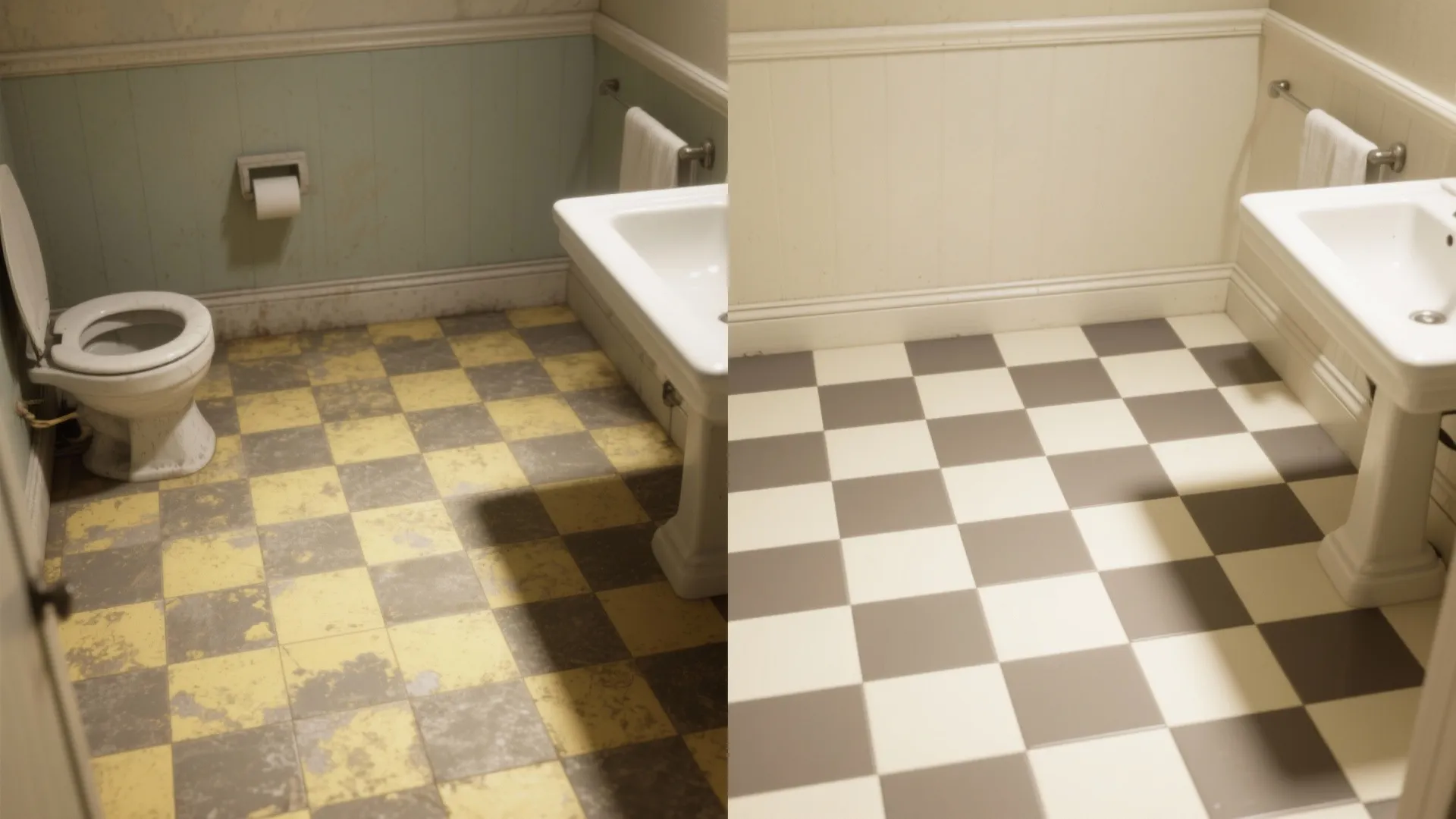 Patterned floor illusion (checkerboard or herringbone)