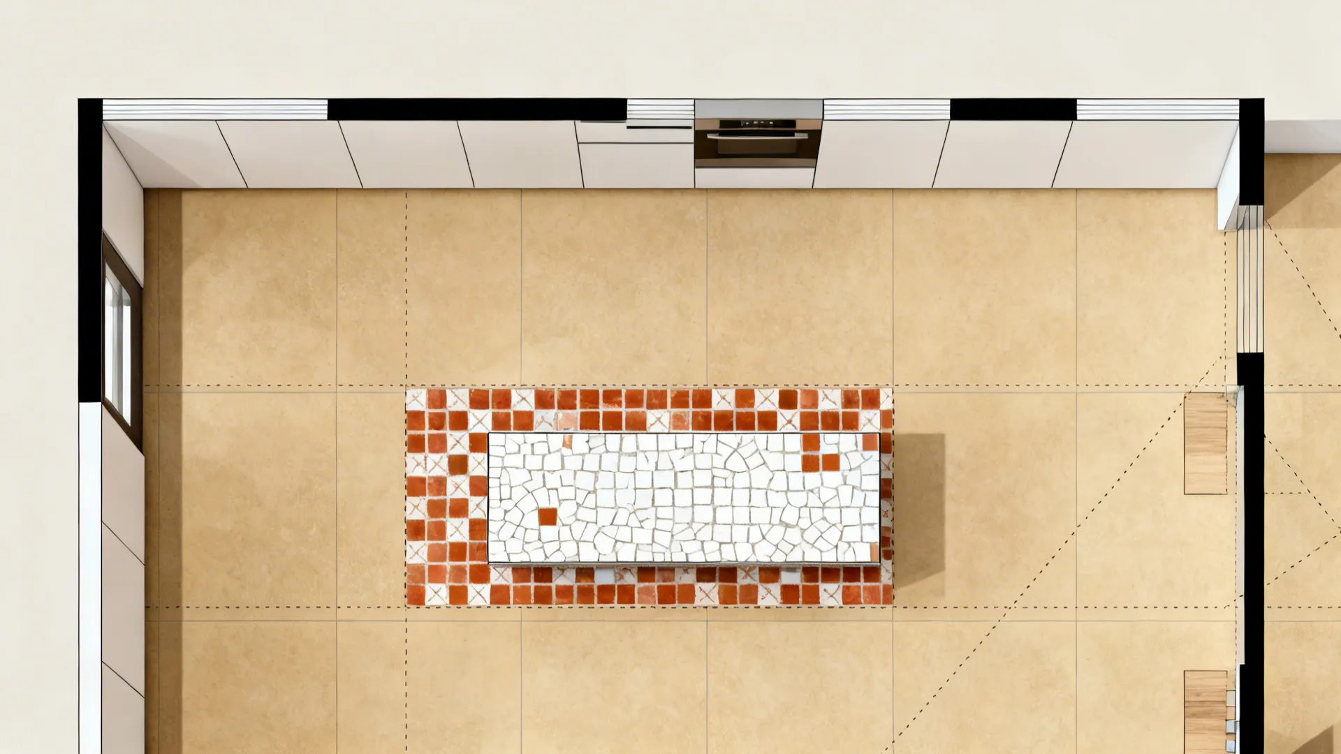 Top-down layout showing mosaic inset rug within larger floor tiles and clear circulation paths.
