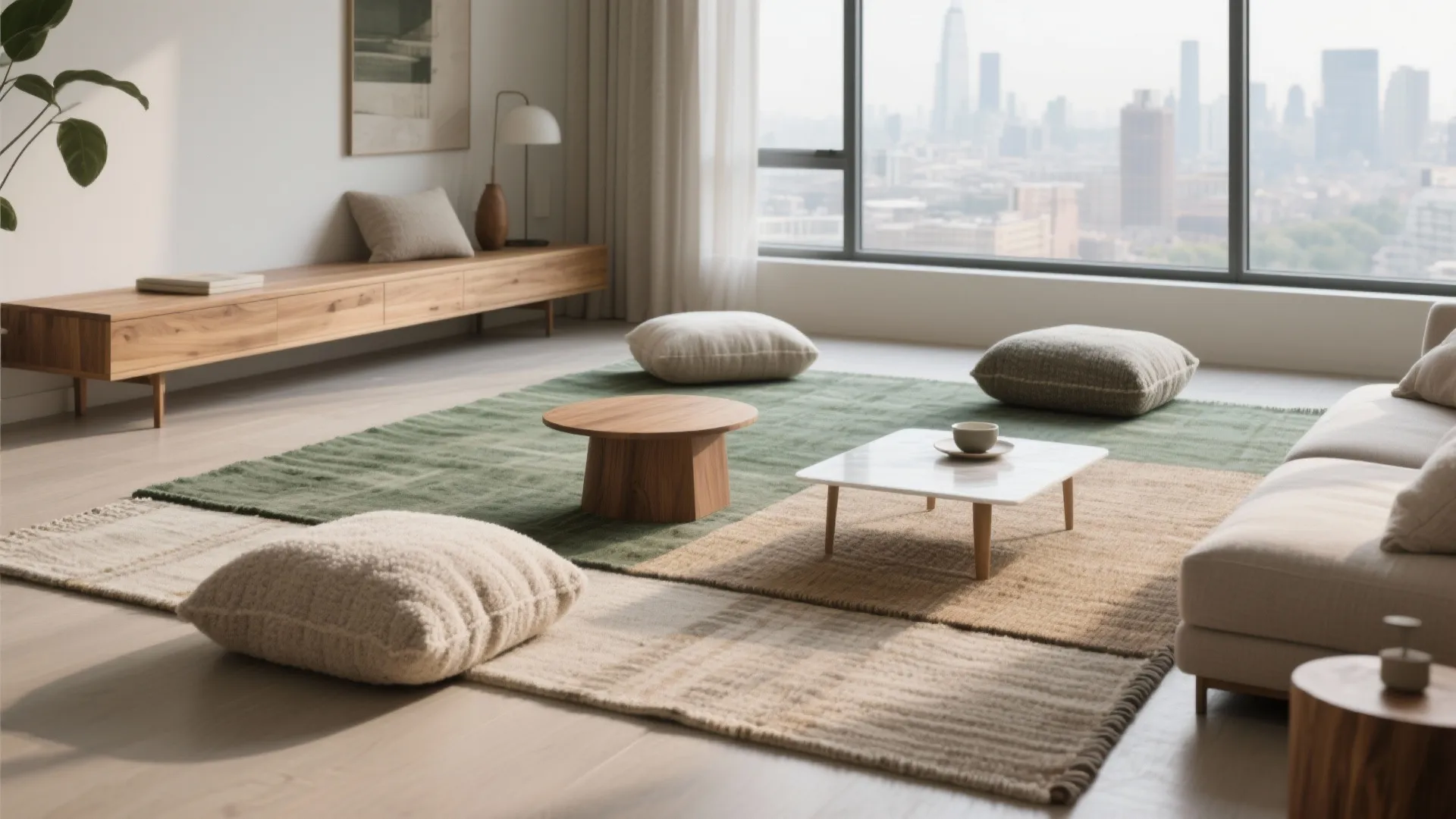 Sunlit living space with floor cushions small coffee tables layered rugs and a city view