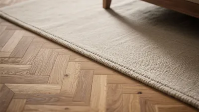 Herringbone Wood Flooring with Neutral Rug – Warm & Textured Grounding