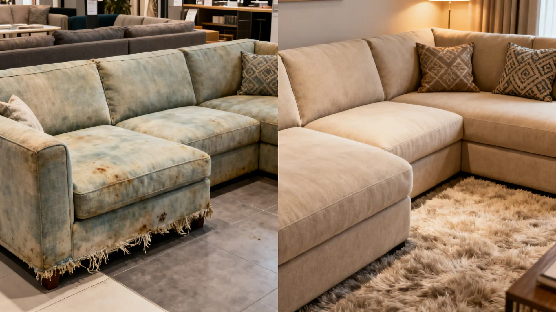 Split image of a worn floor-sample sectional before and the same sectional refreshed after reupholstery.