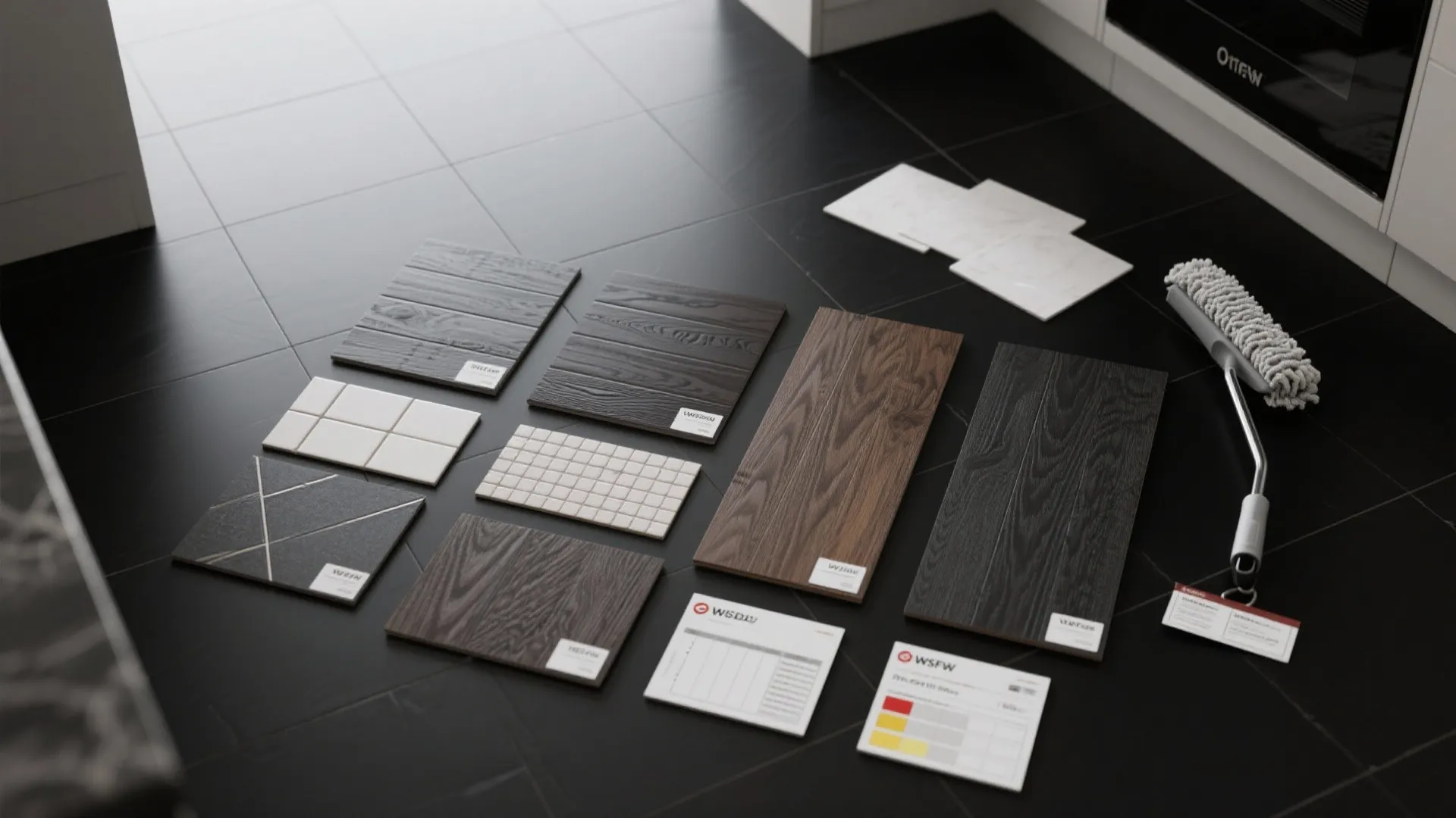 Flatlay of black floor material samples including porcelain, engineered hardwood, vinyl, grout and maintenance tools.