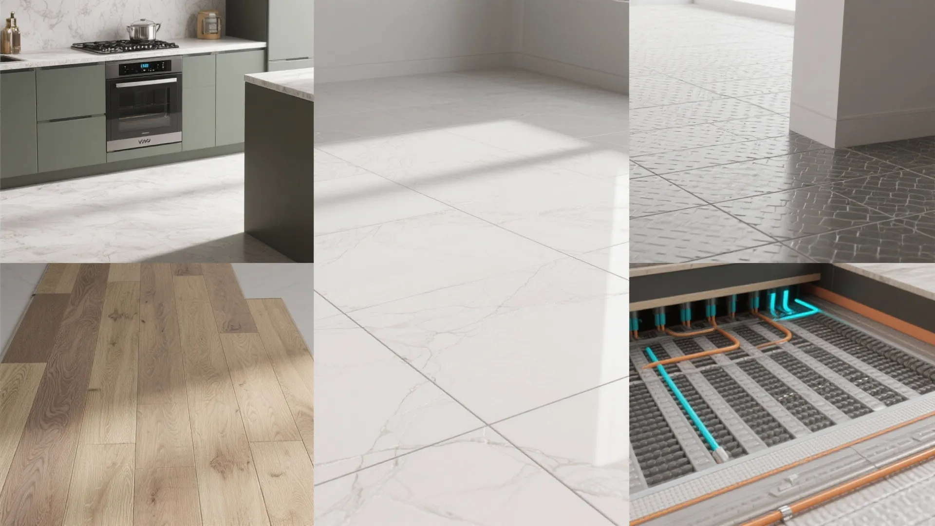 Collage of vinyl, porcelain, and large-format tile samples with slip-resistance texture close-ups.