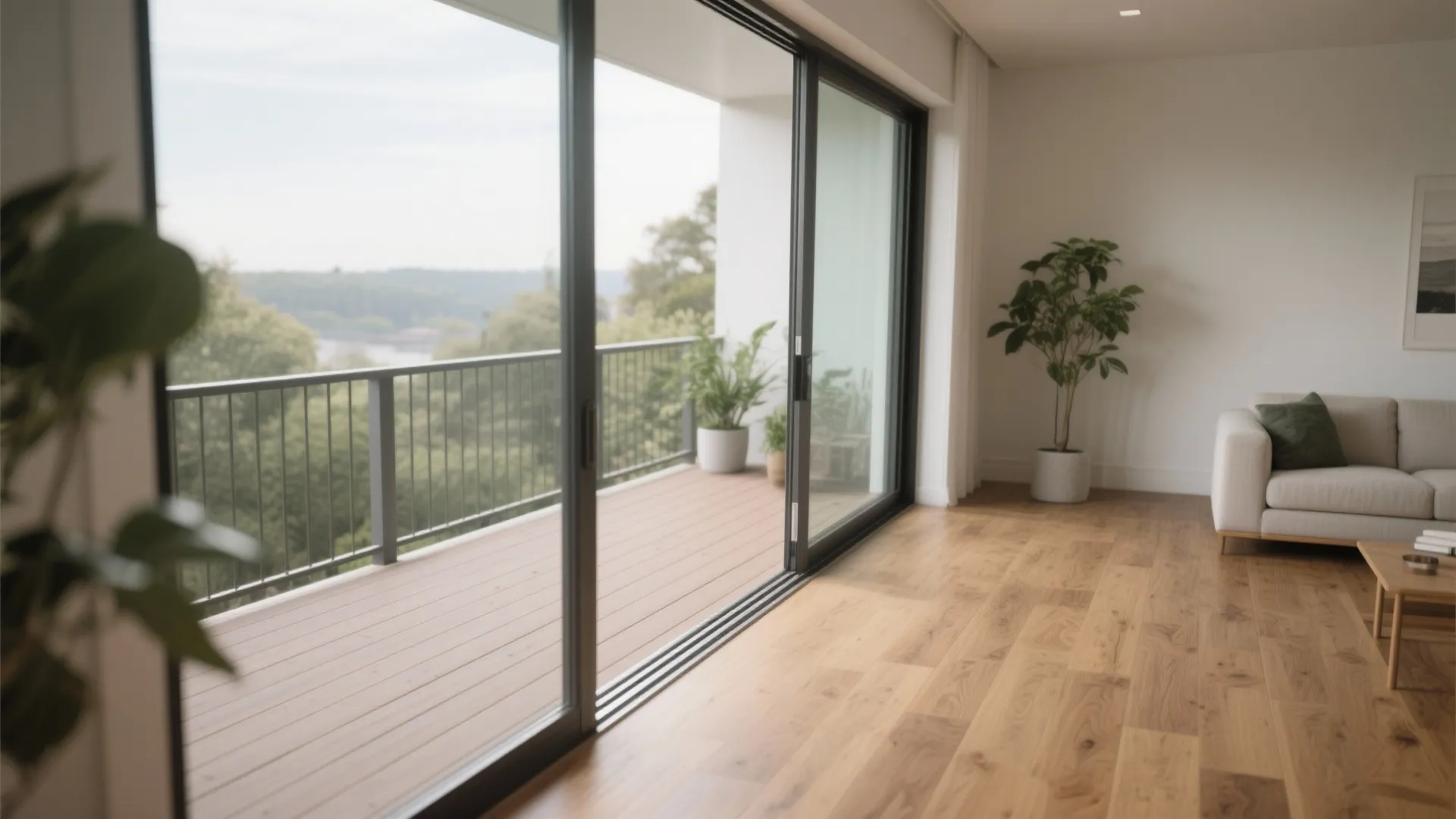 Bright living room with wooden floors leading to a balcony through large sliding glass windows