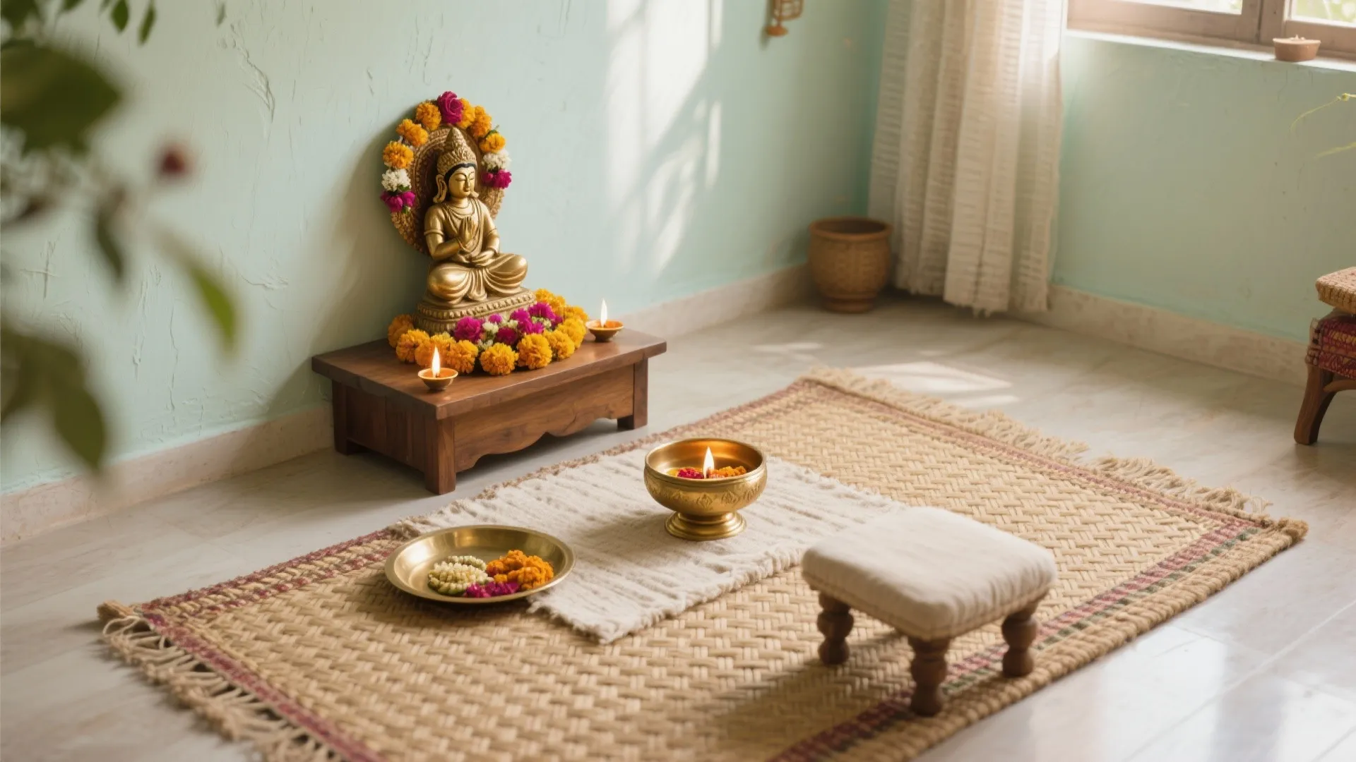 Floor-seated pooja corner with cane mat, teak plinth, brass urli, and limewashed wall.