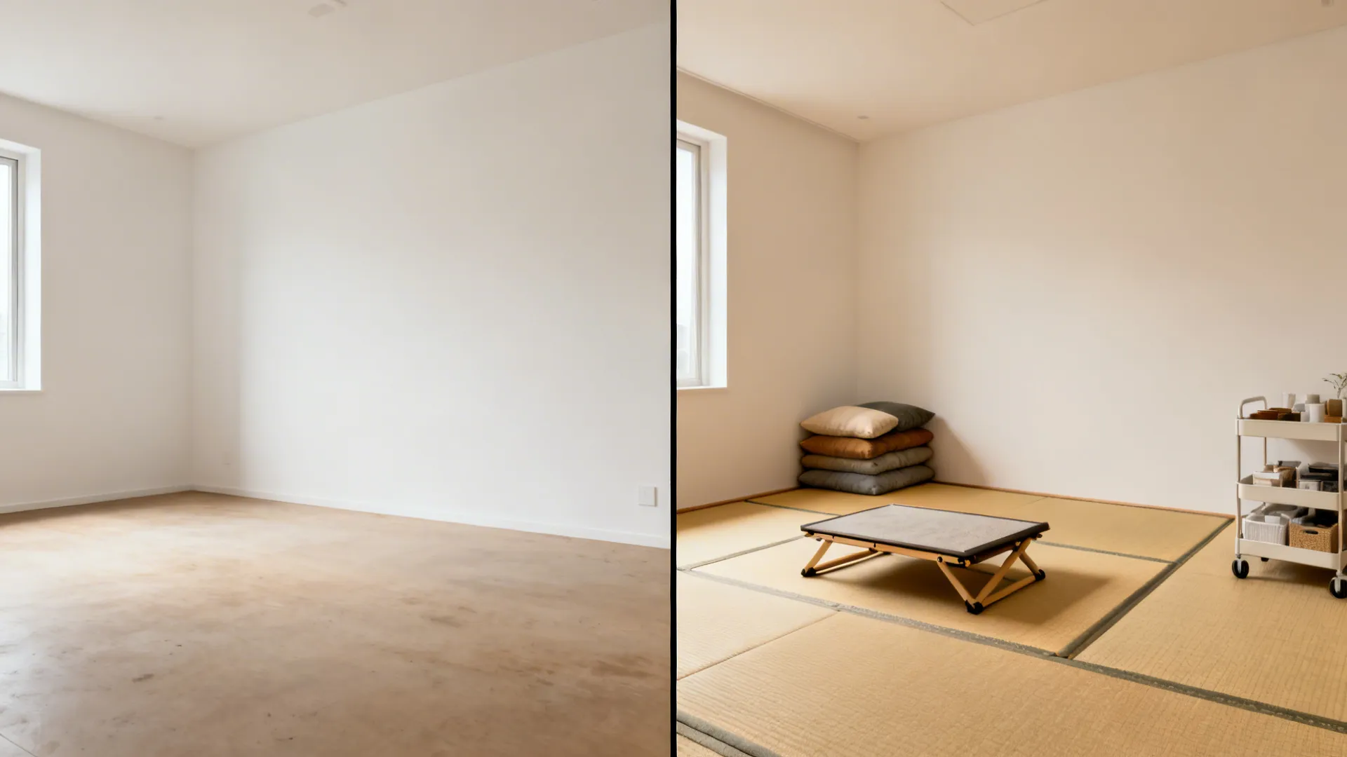 Before-and-after of an empty room transformed with tatami mats, cushions, and a low platform.