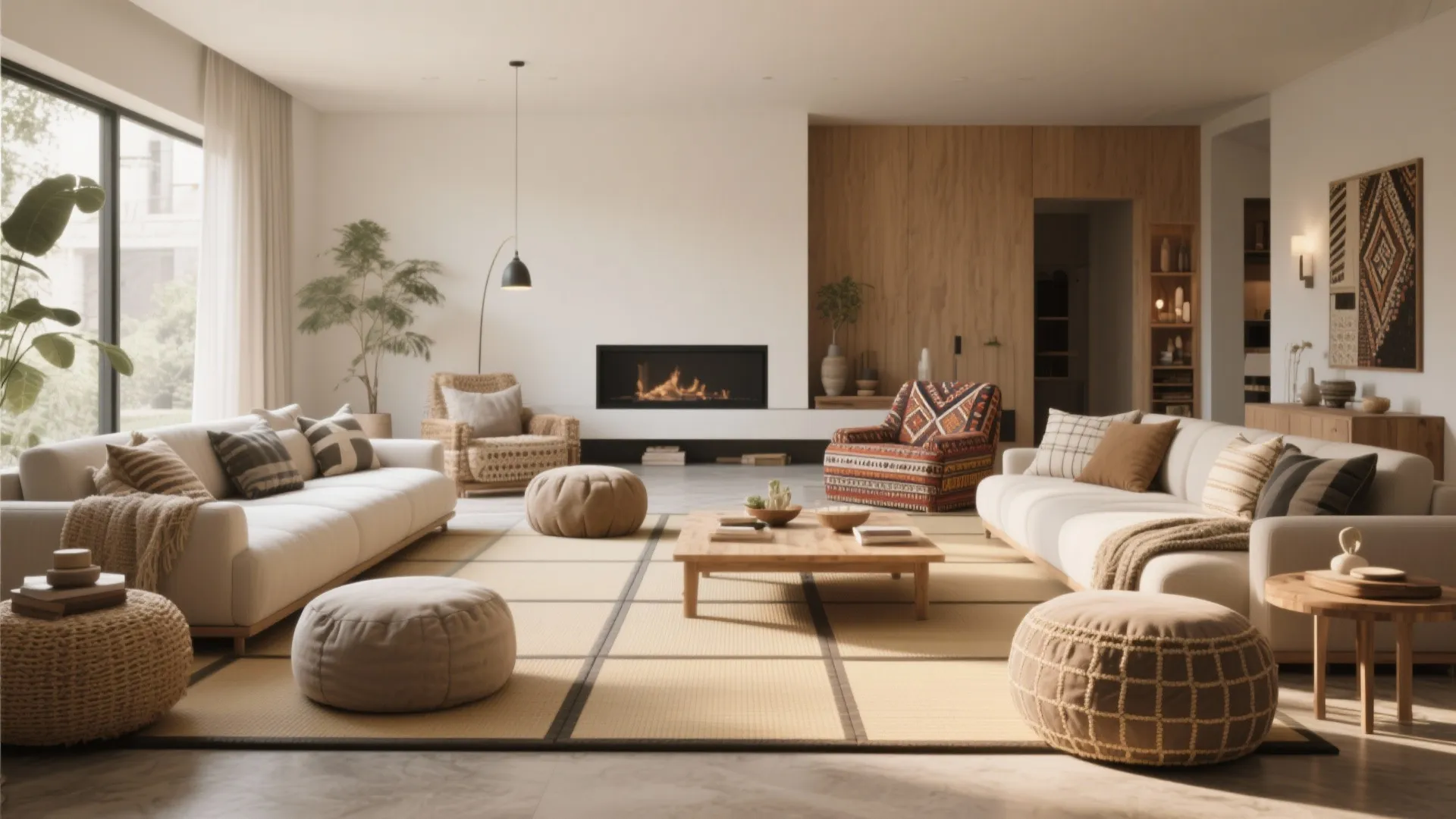 Modern open living room with floor mats white sofas wooden table fireplace and large green plant