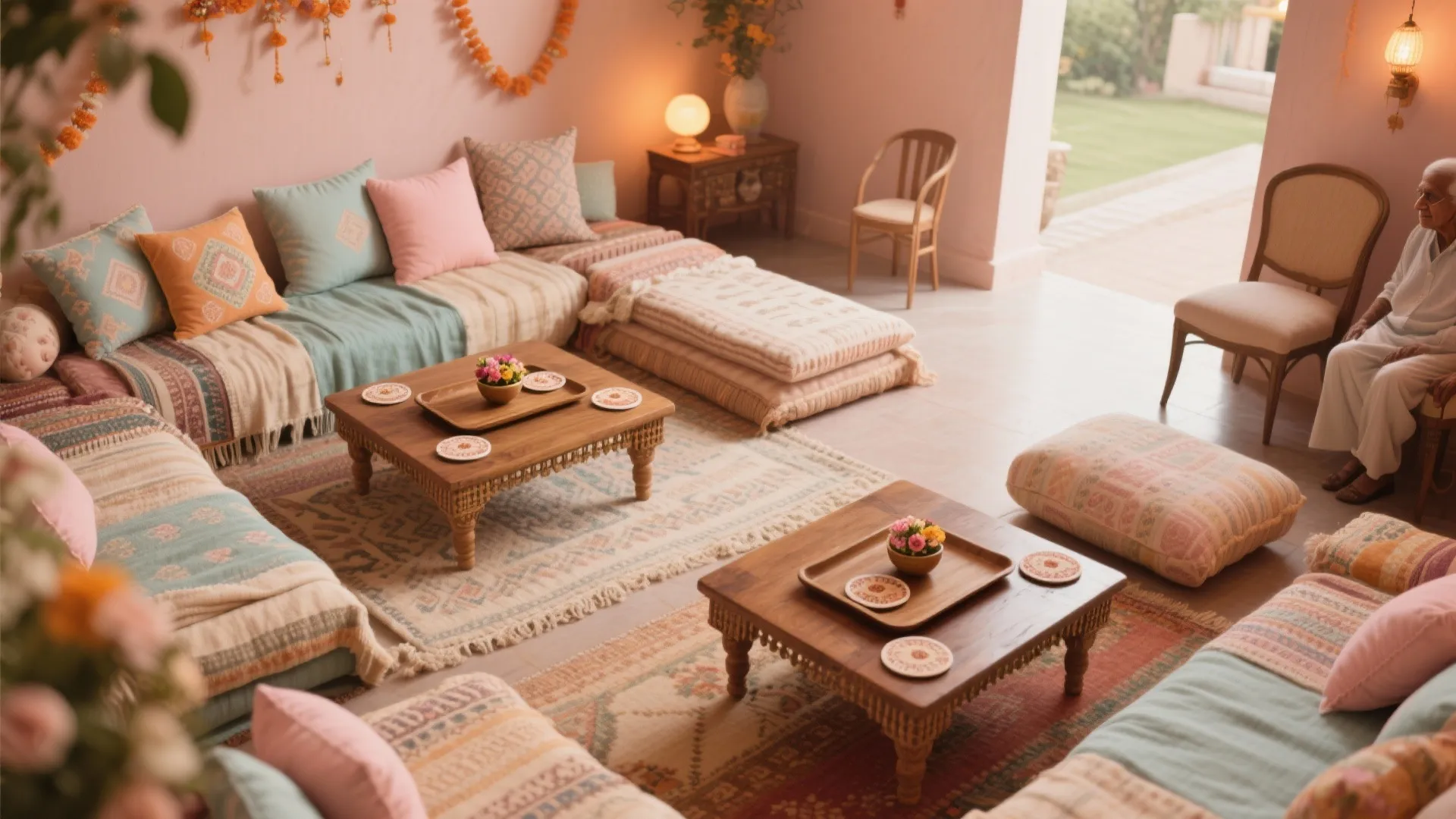 Floor Seating with Bolsters and Low Tables