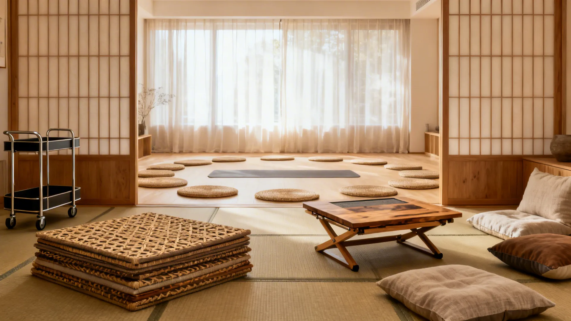 Tatami mats, linen cushions, a foldable low platform, and a rolling cart in a furniture-free living room.