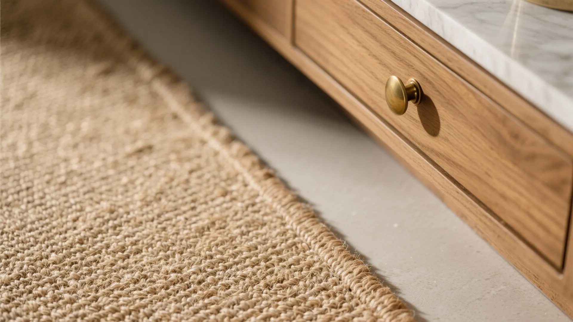 Macro of a thin jute rug beside a low drawer with a brass pull and a quartz platform edge.