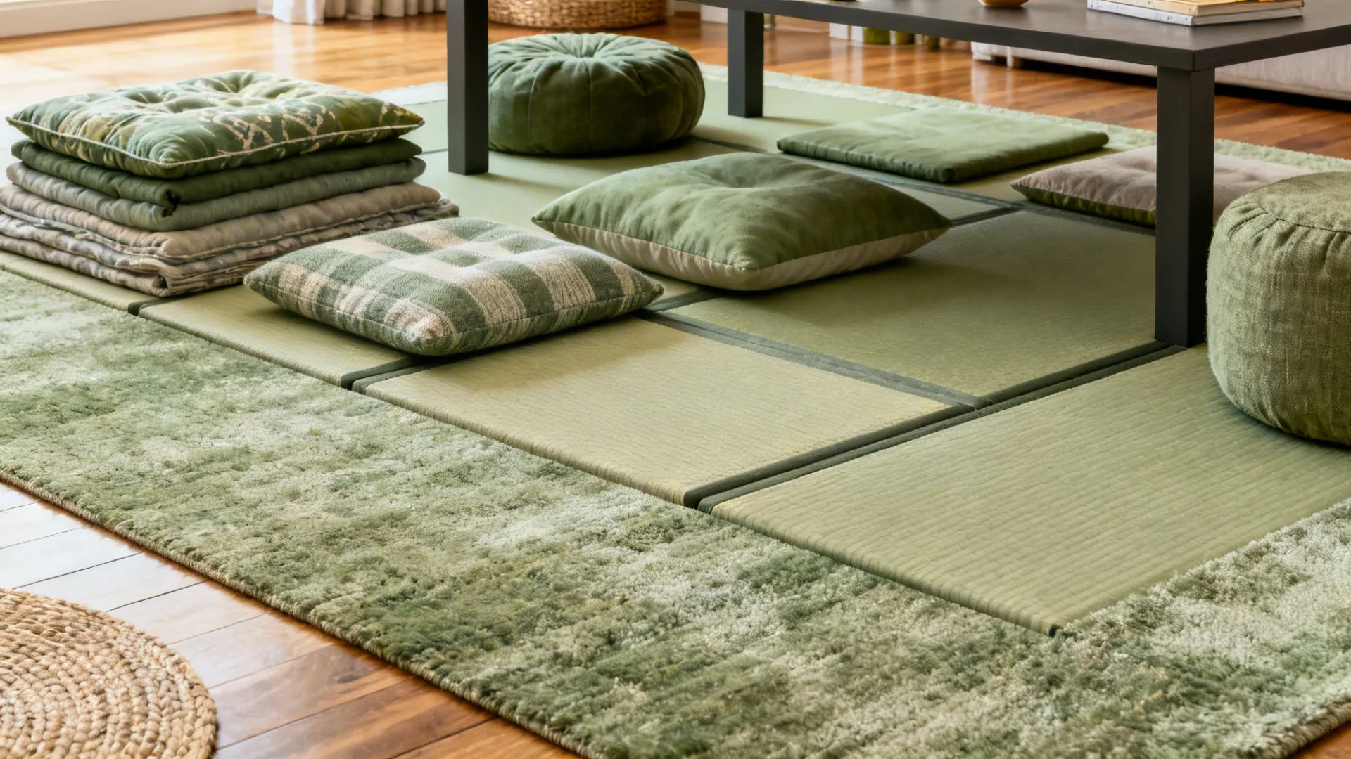 Layered floor cushions, tatami pads and poufs arranged around a low table on hardwood flooring.