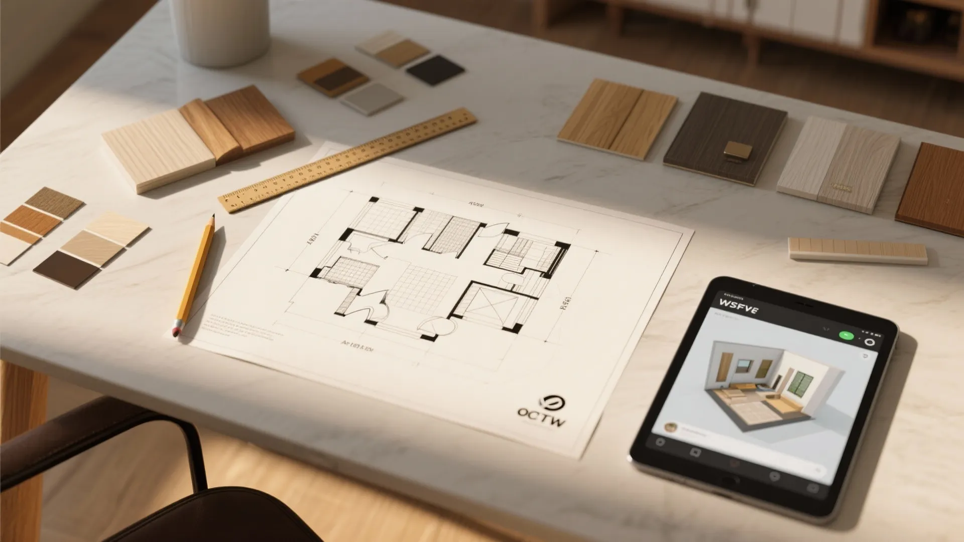 Top-down quick floor sketch with millwork swatches and a tablet showing a 3D layout tool for planning.