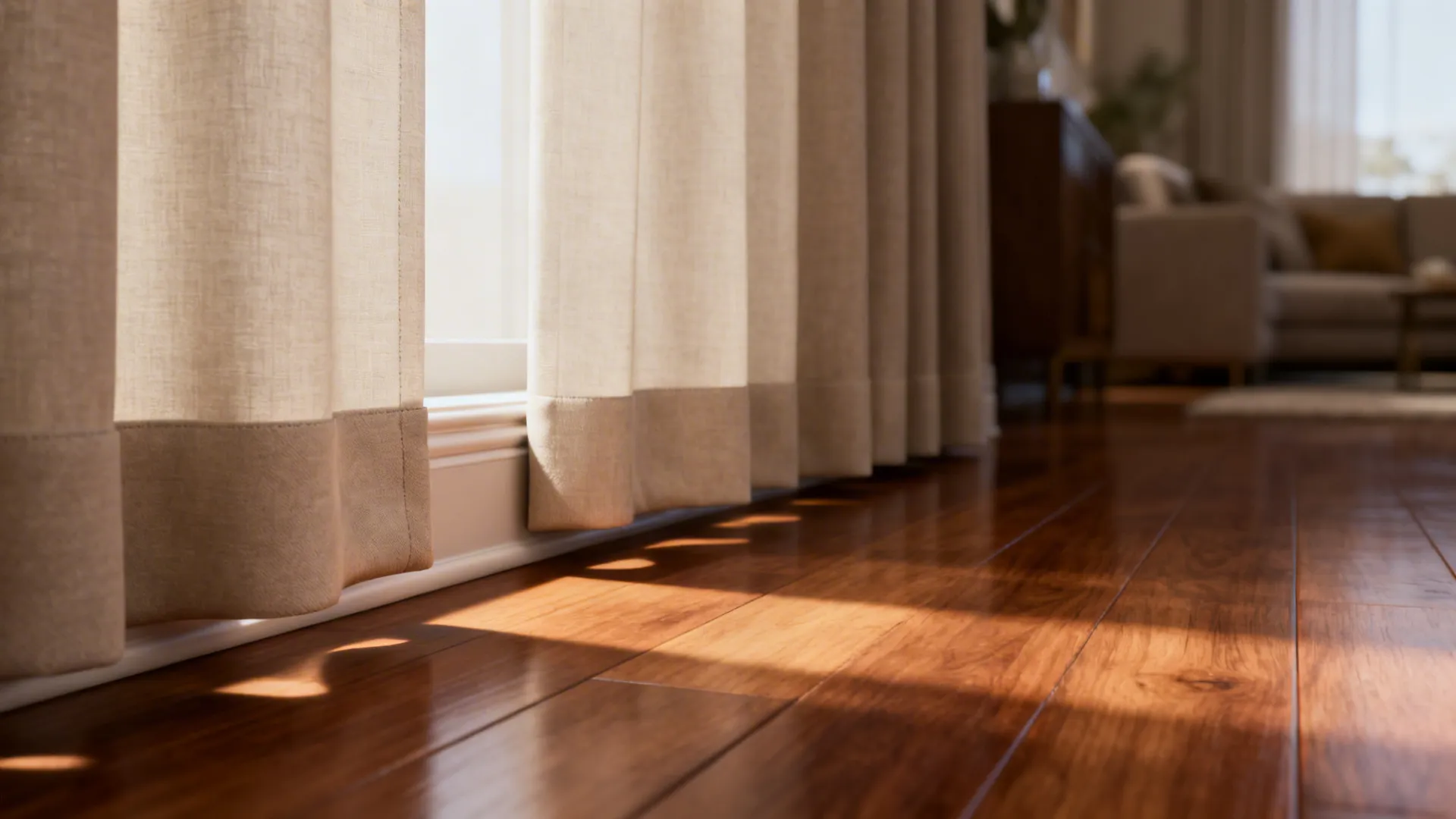 Curtain hem skimming the floor for a tailored, luxe look in a living room.