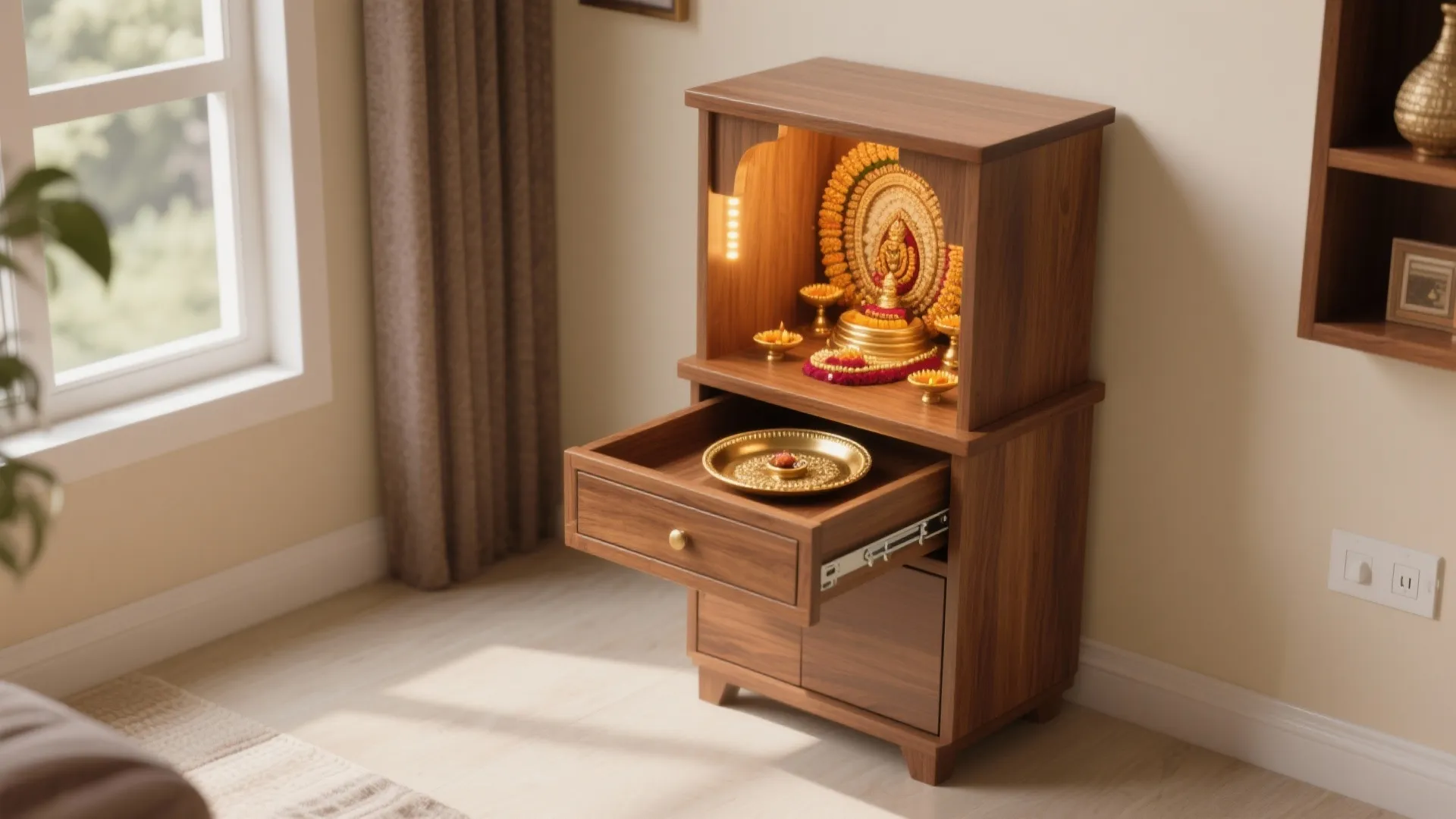 Compact floor-standing wooden mandir with drawer base and warm backlighting in a rental home.