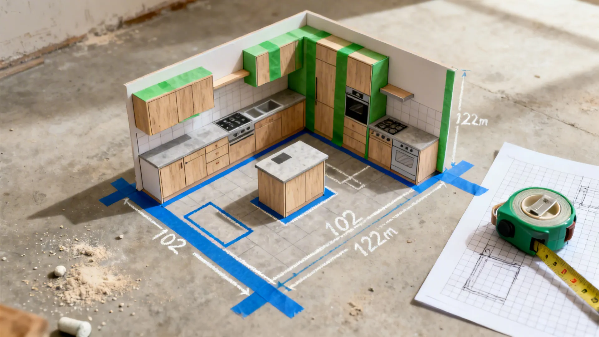 Top-down view of taped cabinet zones and aisle widths on a small kitchen floor.