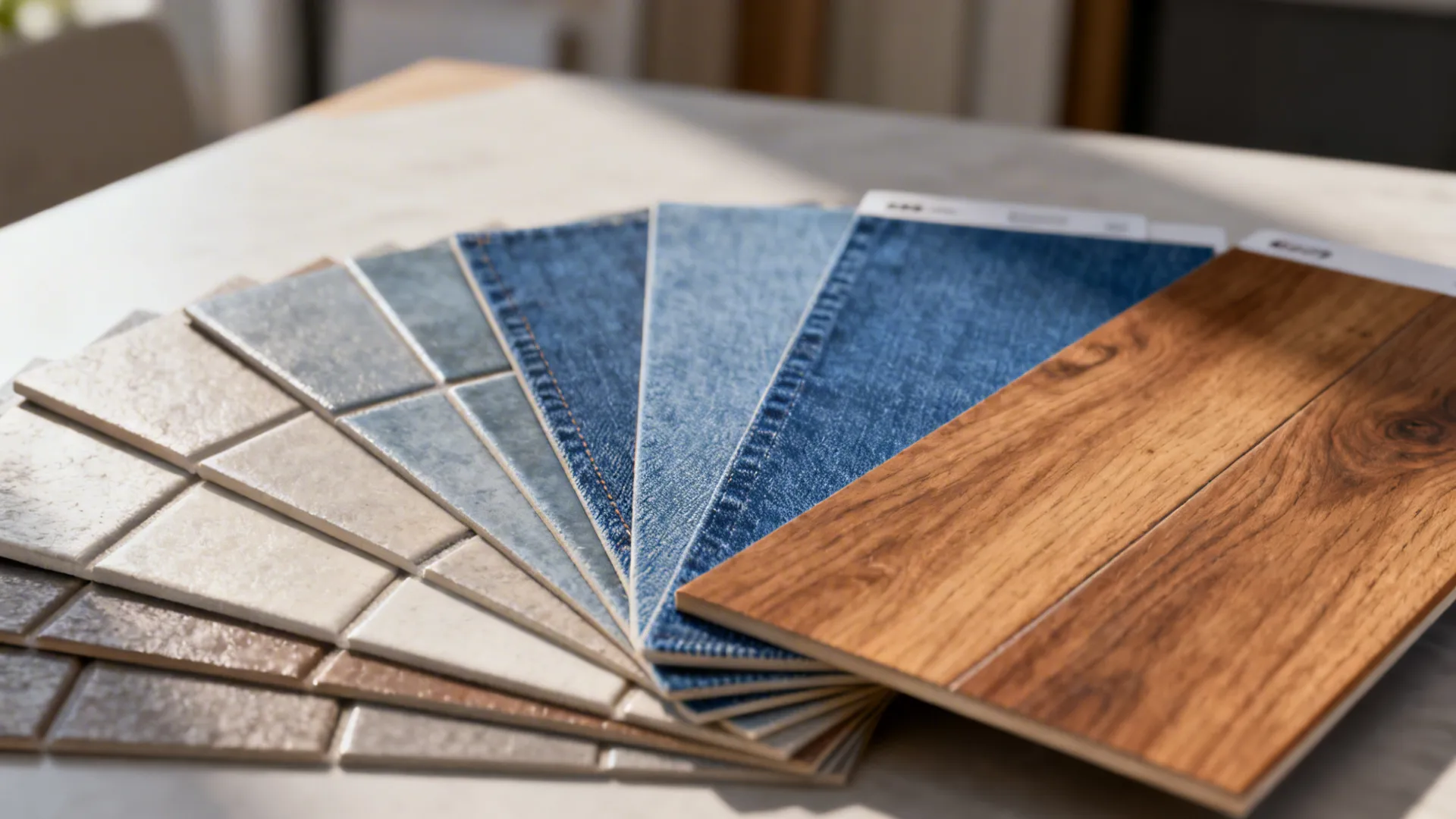 Close-up of denim blue and medium brown oak flooring swatches under natural light