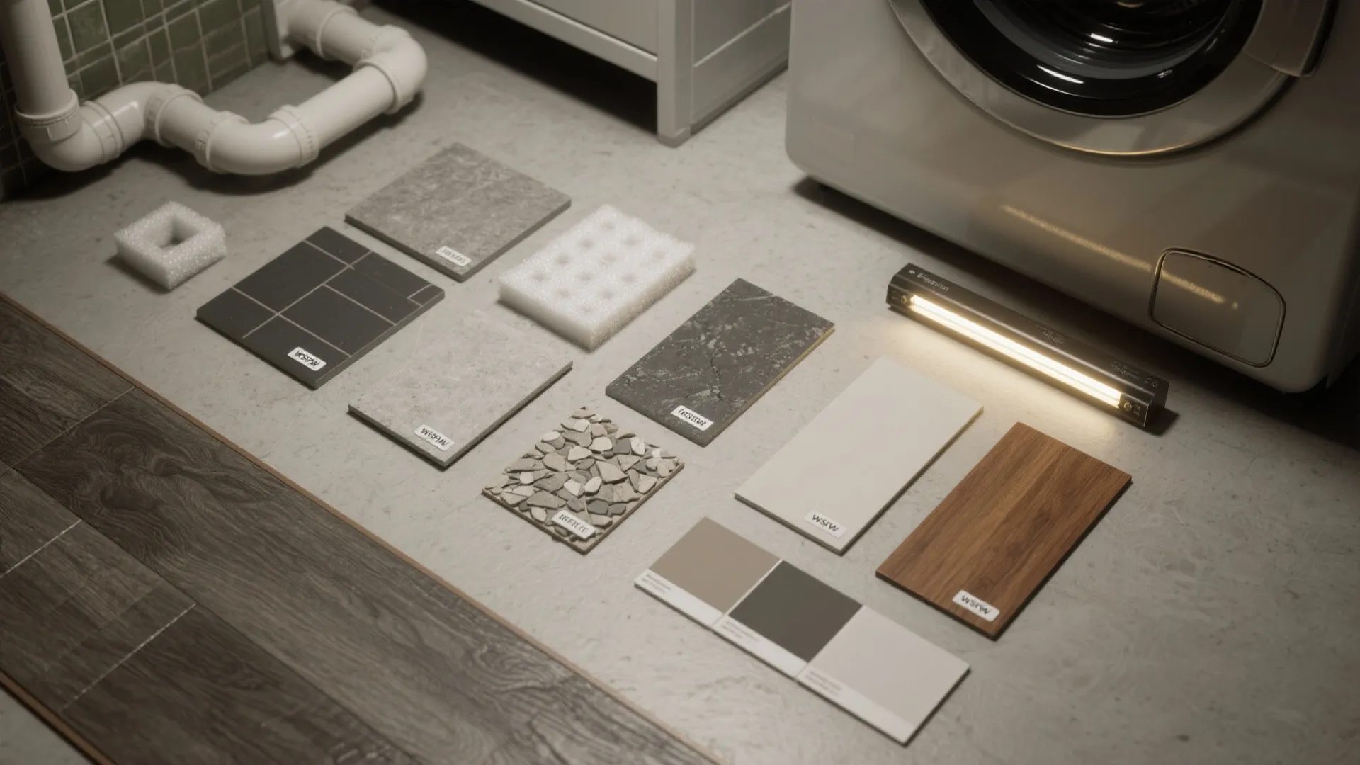 Top-down flatlay of flooring and finish swatches for a basement laundry: vinyl plank, sealed concrete, backsplash tile, and countertop samples.