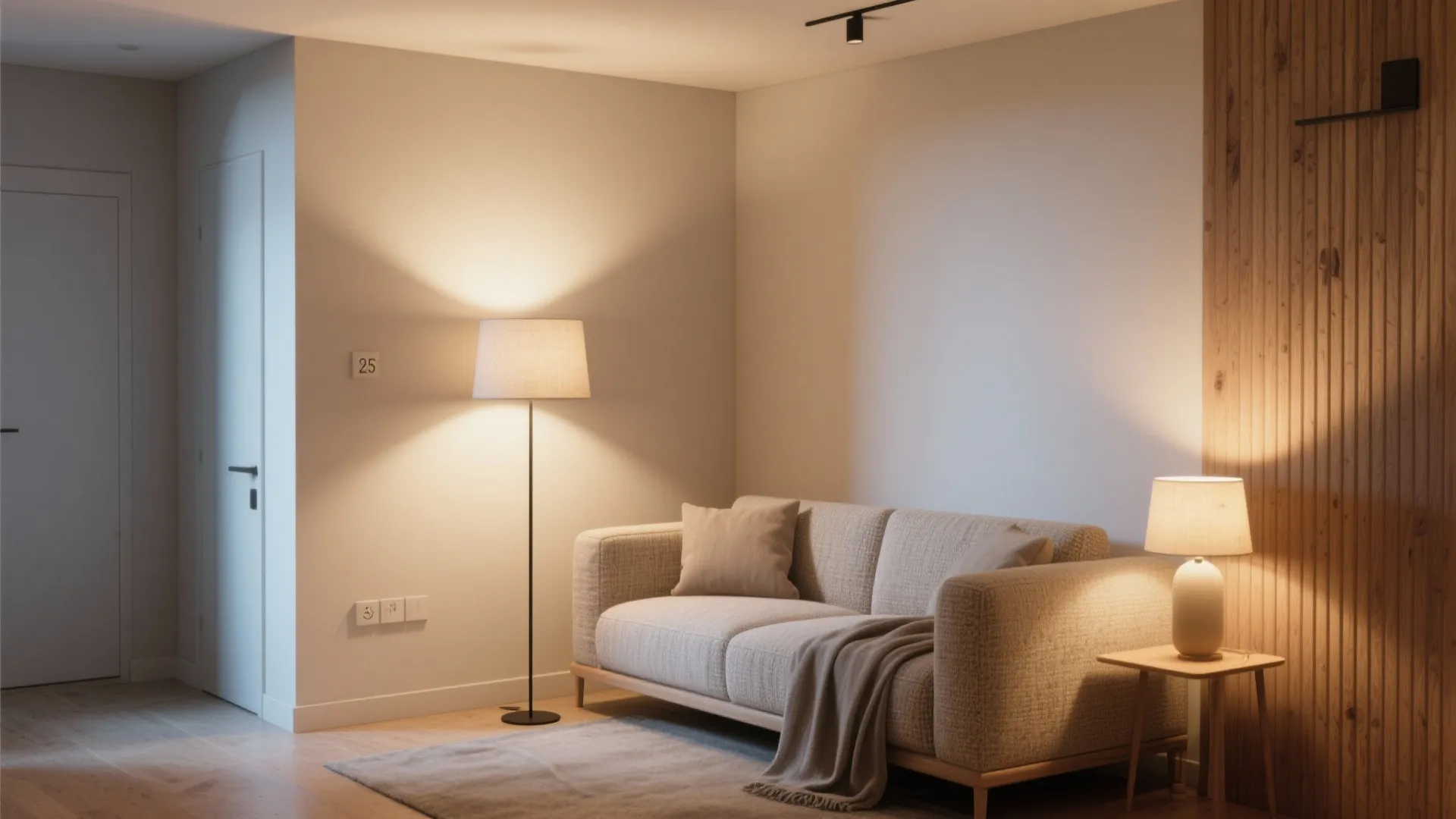 Minimalist living room corner with fabric sofa floor lamp side table and wooden wall panel
