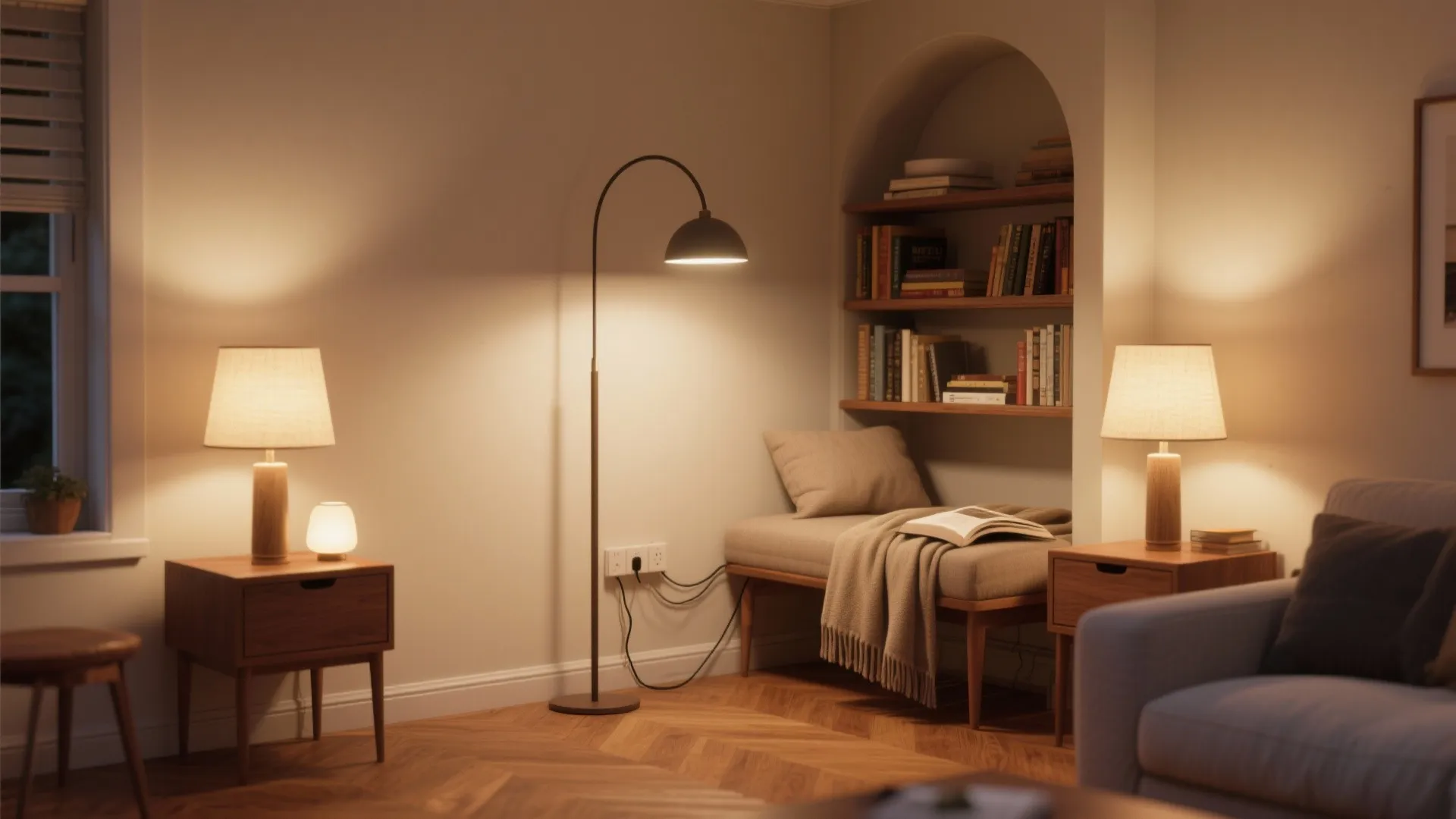 Reading corner featuring a small sofa built in bookshelves floor lamp and two wooden side tables