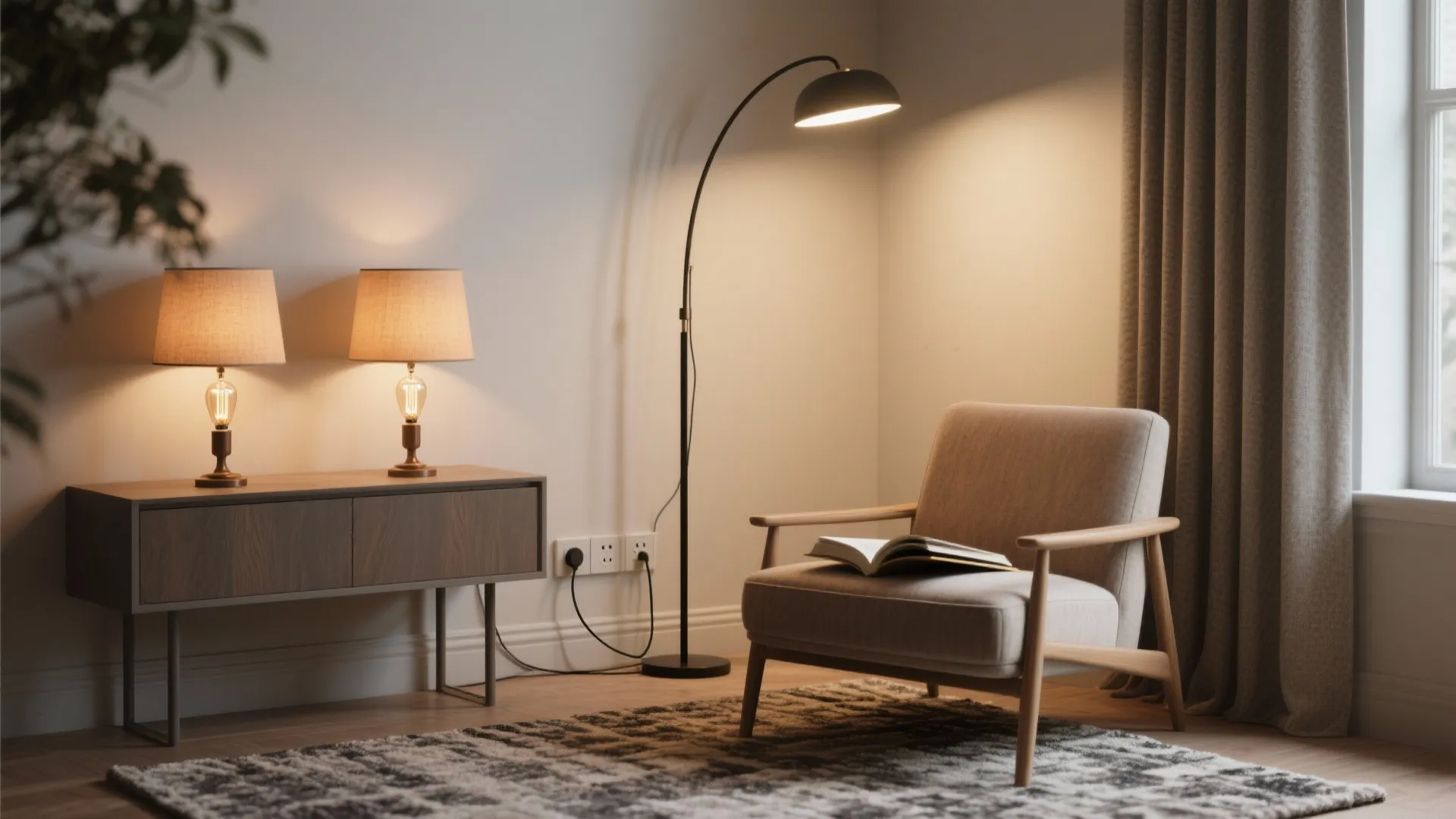 Cozy reading corner with grey armchair floor lamp two table lamps on cabinet and patterned rug