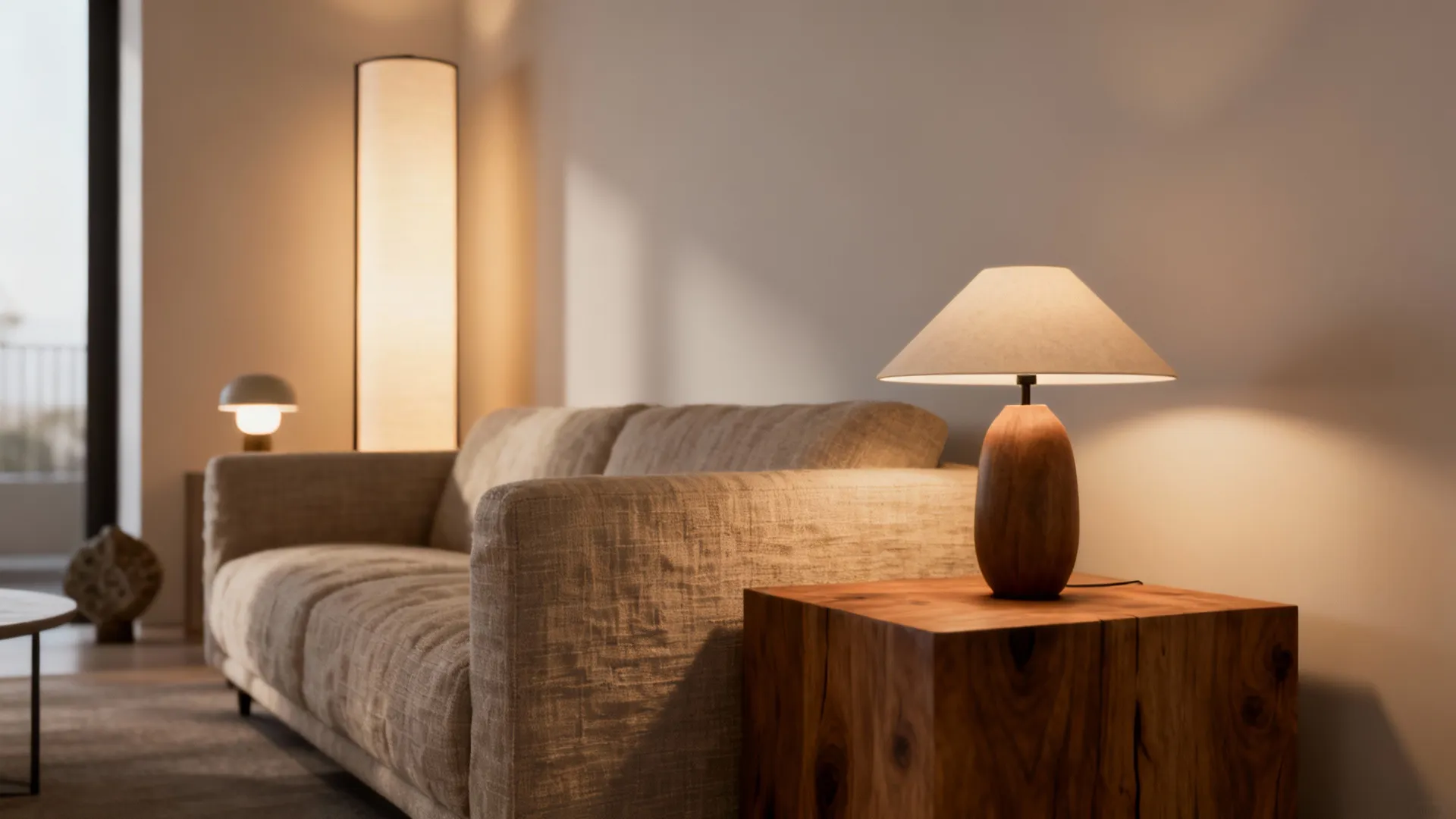 Layered floor lamp behind sofa with table lamp on side table and a small accent lamp