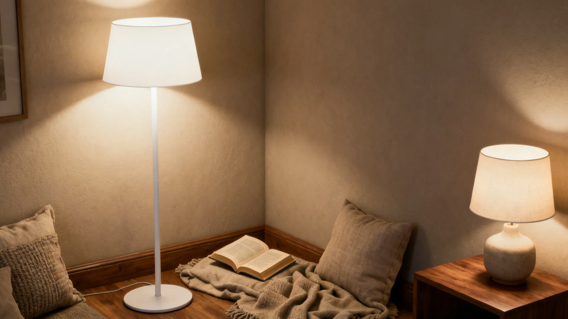 Reading nook lit by a warm white floor lamp and a balancing table lamp across the room.