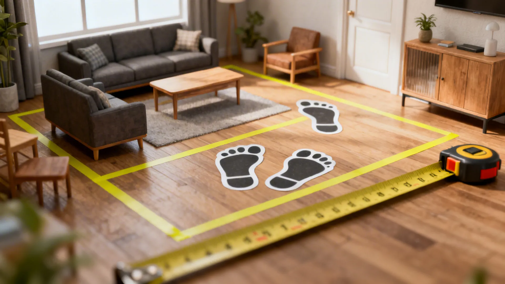 Floor tape outlines showing furniture footprints and measurements in a small living room.