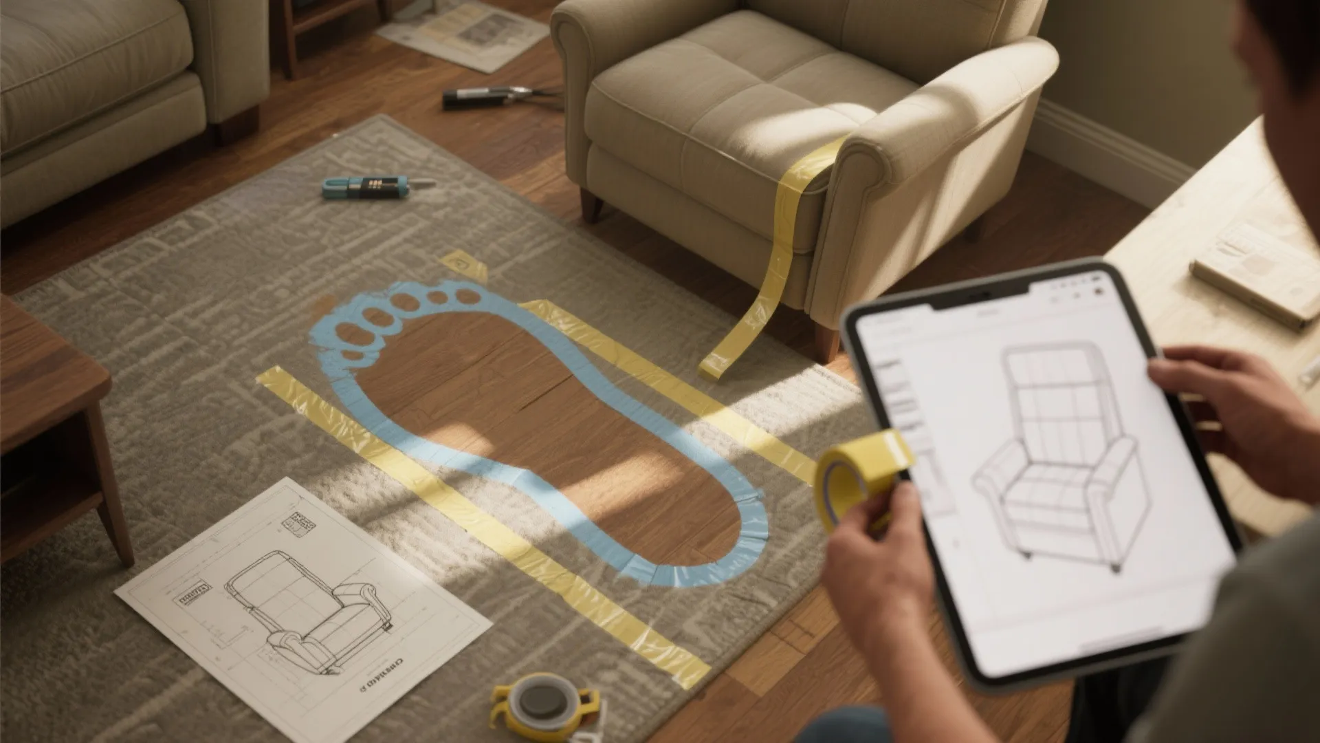 Using yellow tape on floor to plan furniture placement with a tablet and design drawing