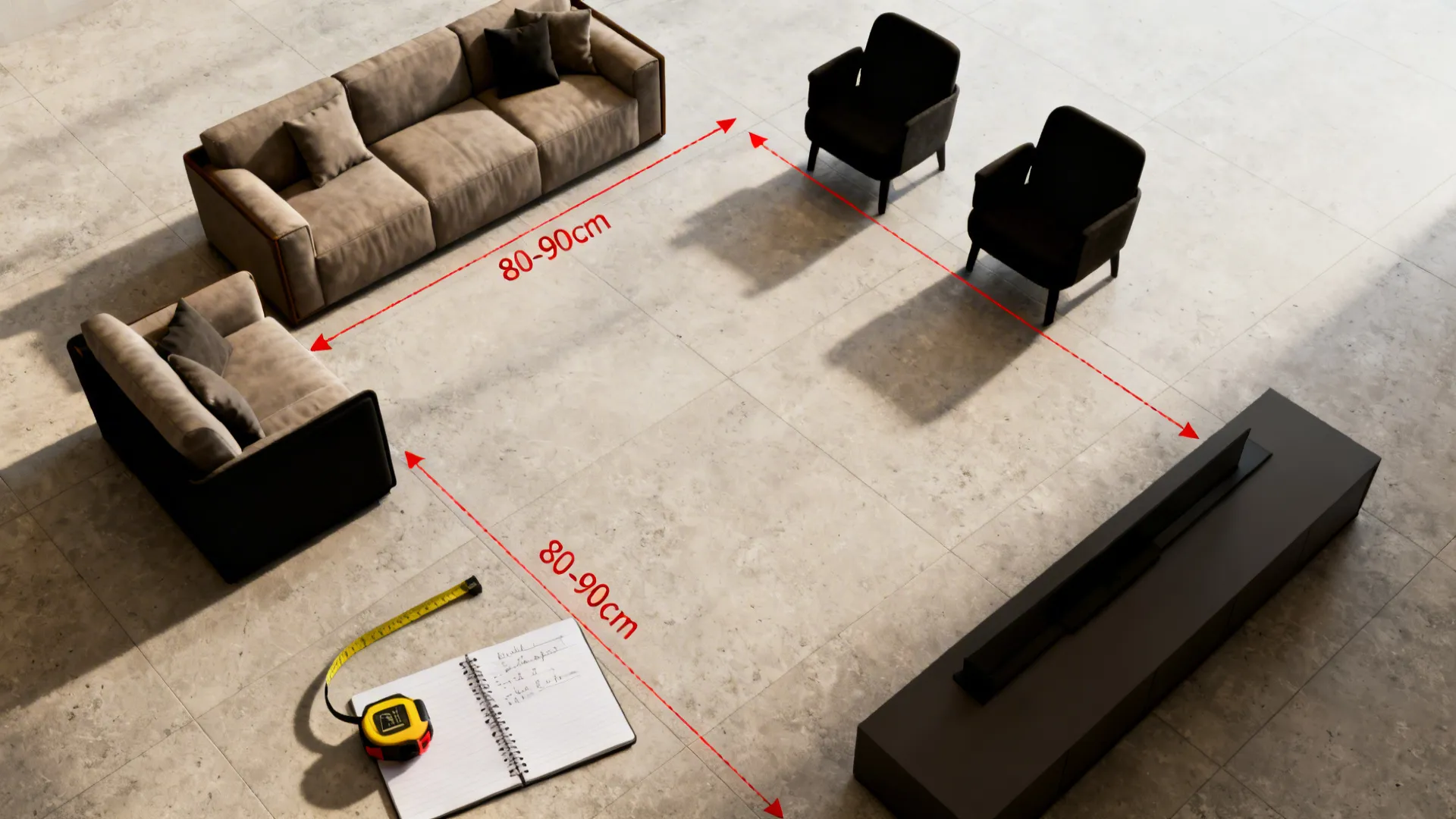 Top-down mockup with floor tape showing circulation paths and clearance measurements for an L-shaped living room.