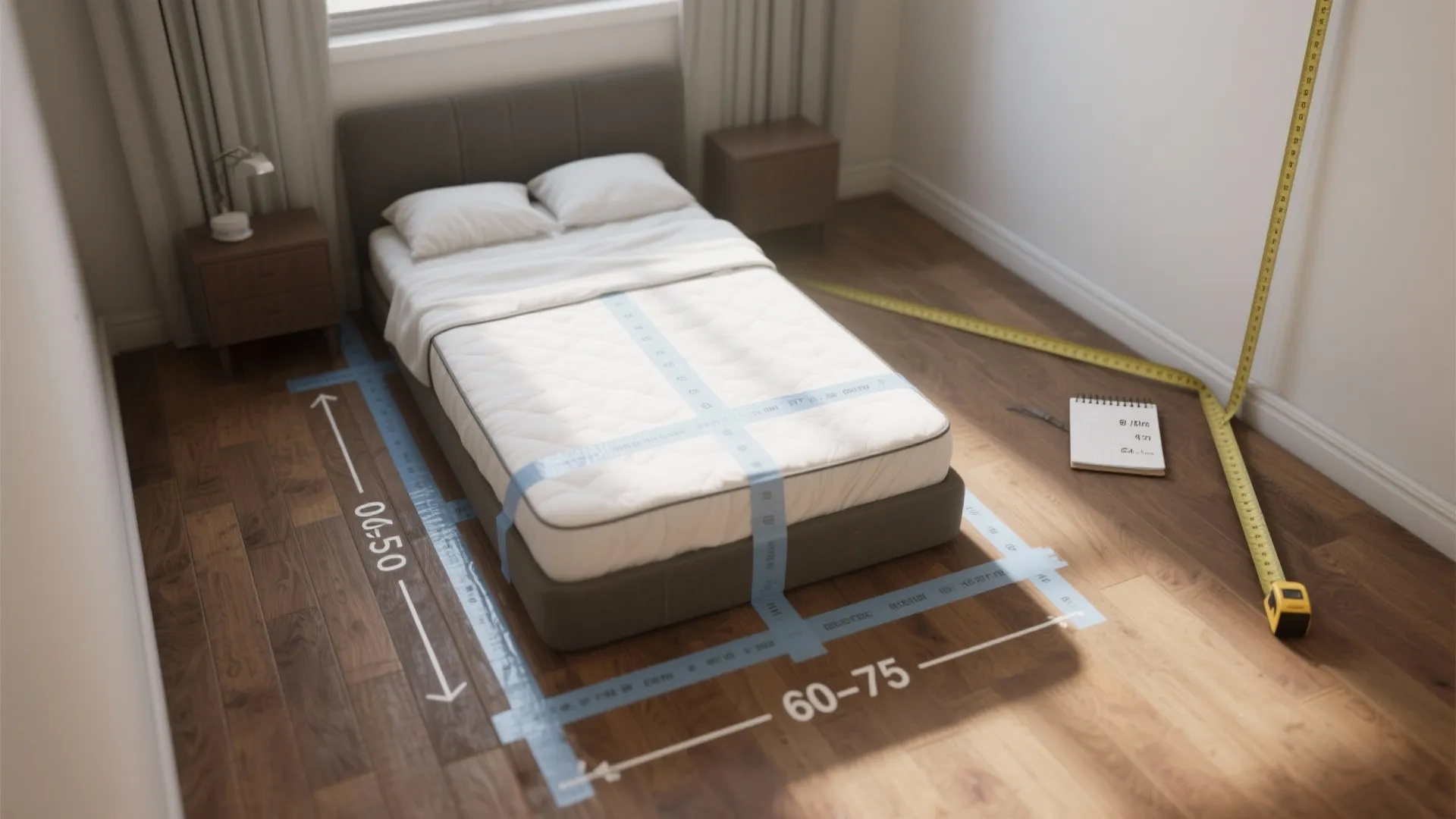 Top-down view of floor tape outlining a full-size mattress and marked 60–75 cm walkways for testing layouts.
