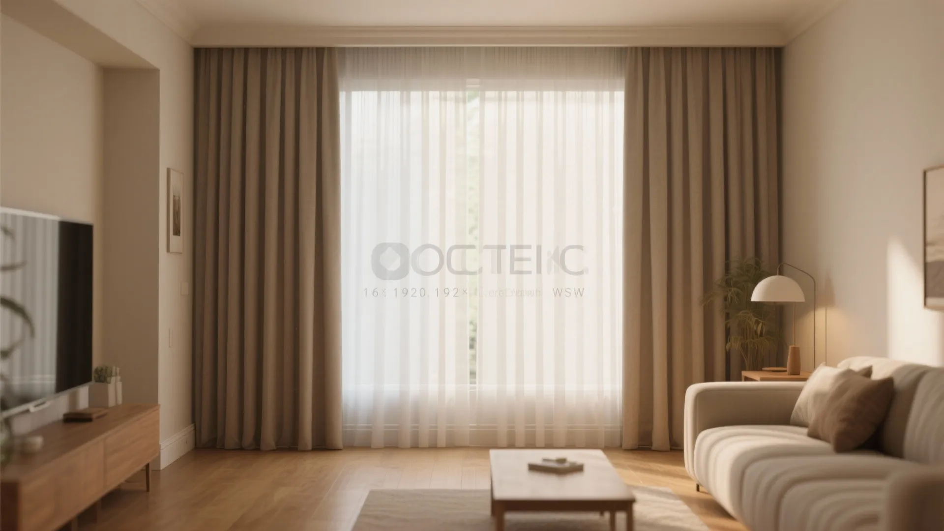 Modern living room featuring beige floor to ceiling curtain with a sofa and coffee table