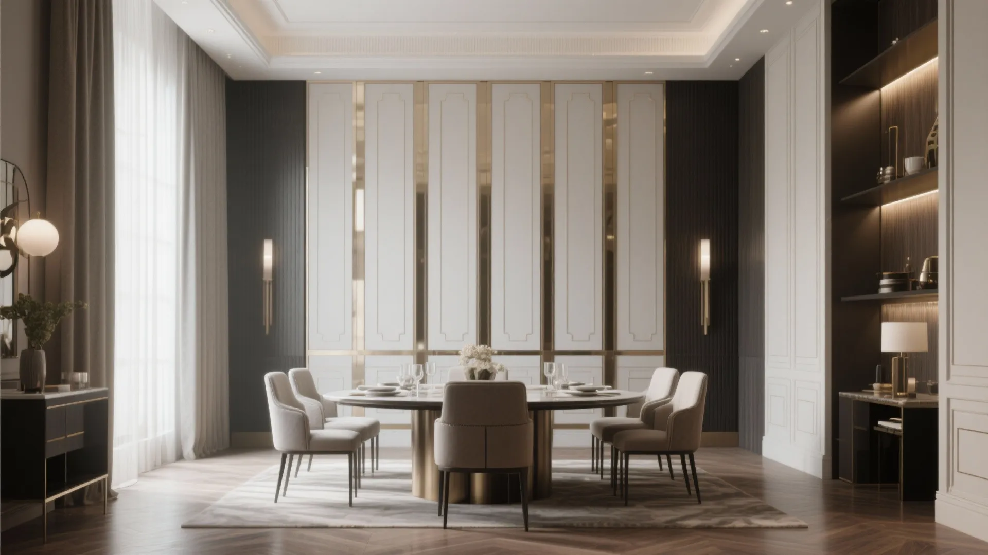 Modern luxury dining room with round table grey chairs gold wall panels and large windows