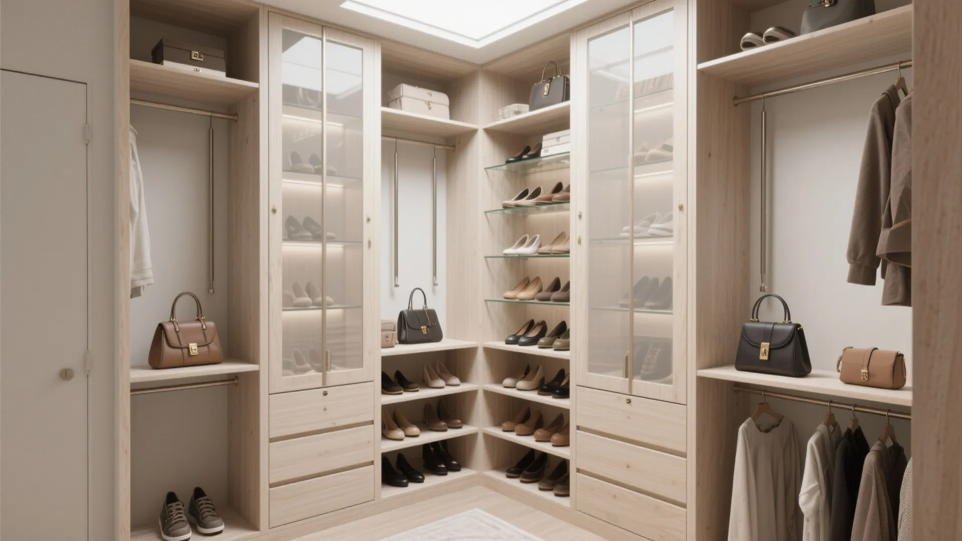 Floor-to-ceiling built-ins with mixed storage: drawers, open cubbies and glass-front display shelves in an 8x8 closet.