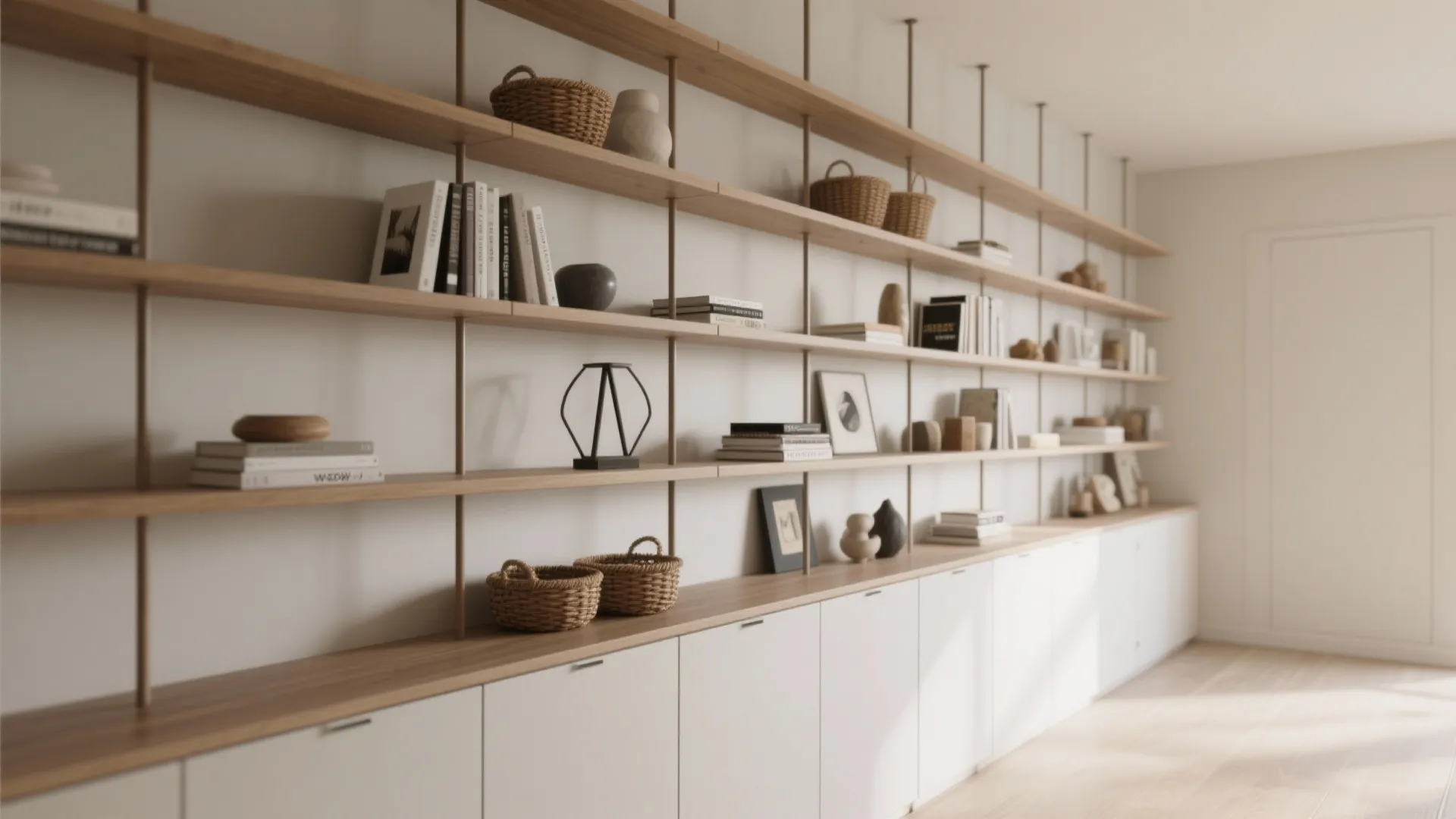 Modern large wooden wall shelving unit with white base cabinets books baskets and minimalist home decorations