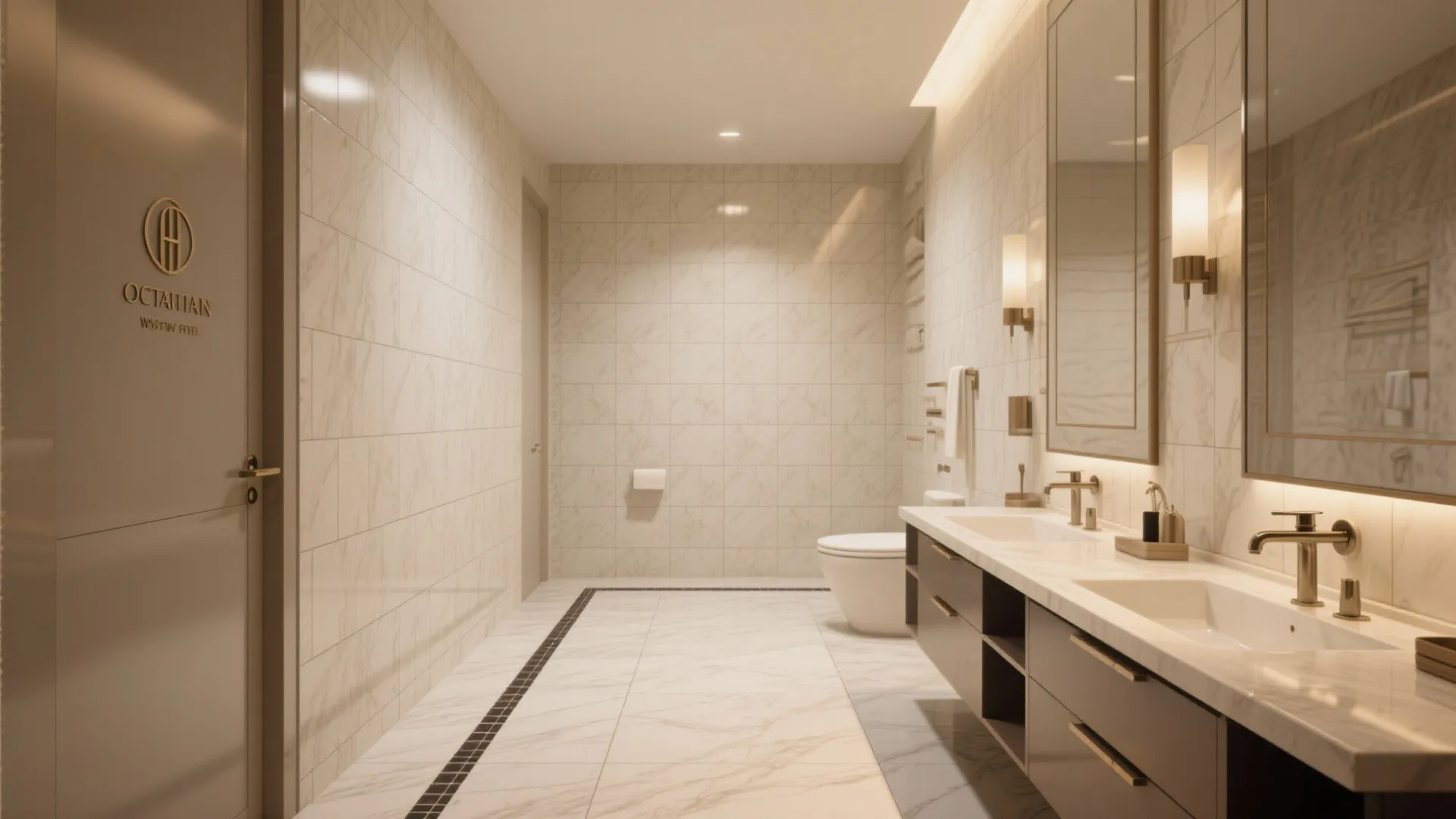Modern bathroom with marble wall tiles and floor with double sink cabinet and white toilet