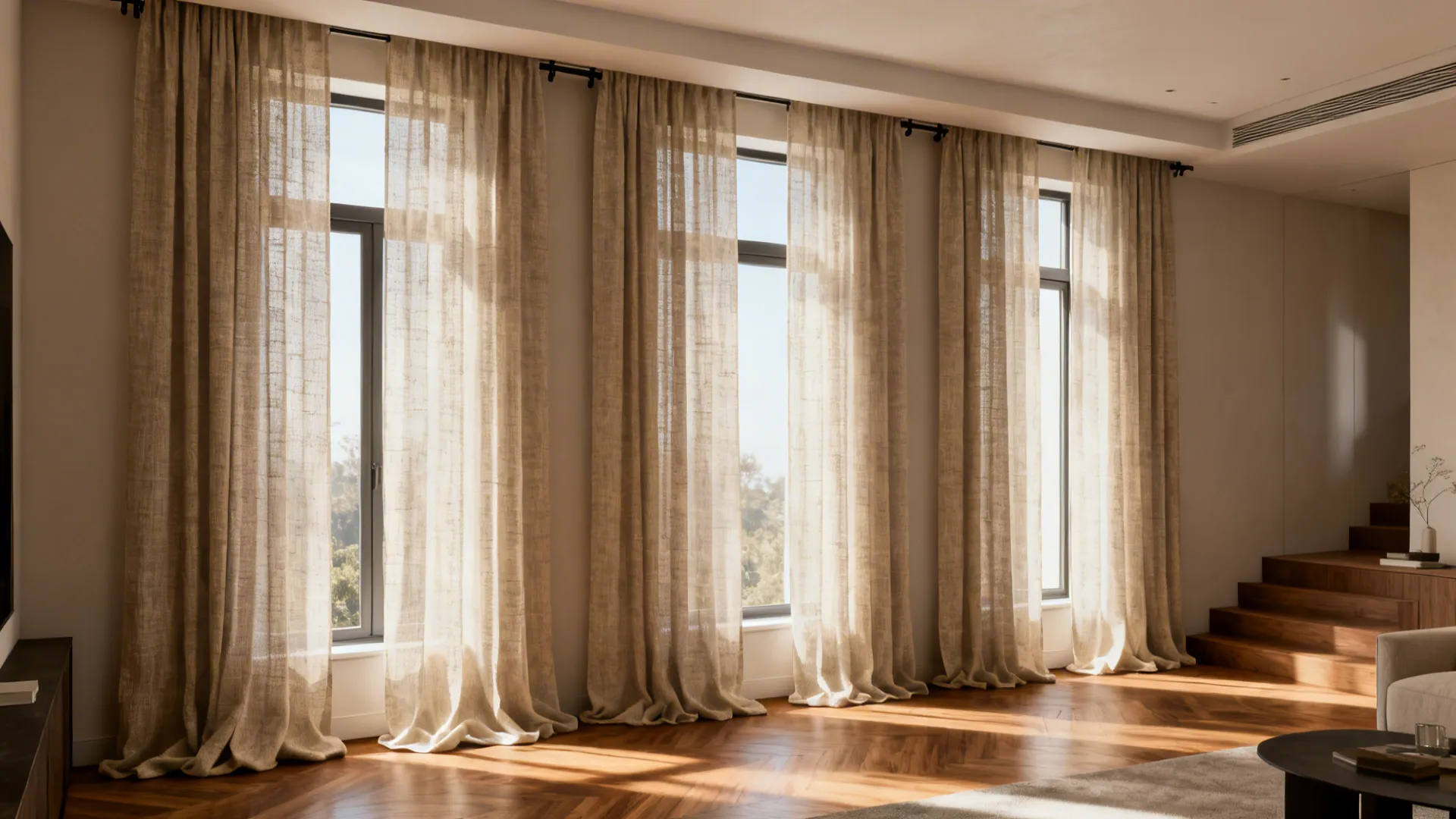 Ceiling-mounted floor-to-ceiling curtains spanning three windows to visually raise ceiling height.