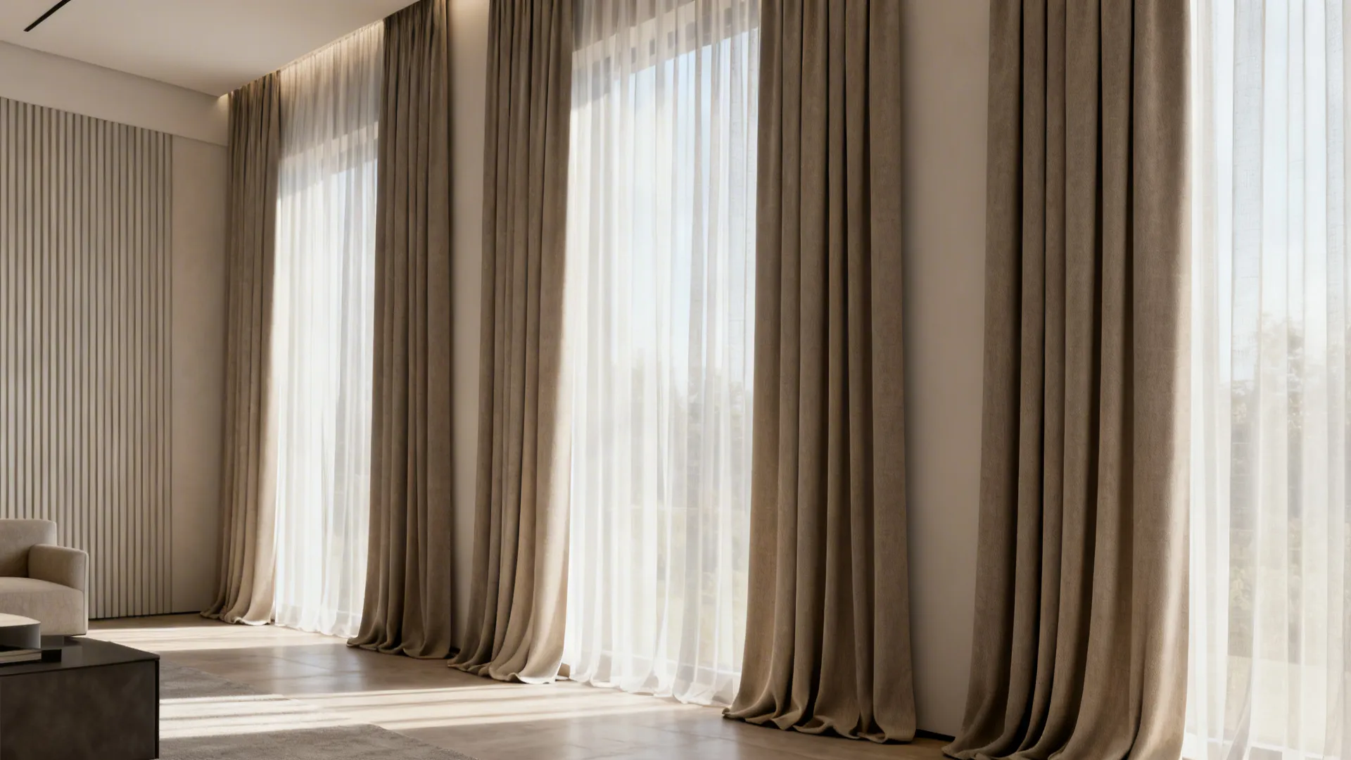 Small living room with floor-to-ceiling layered curtains that visually raise the ceiling height.