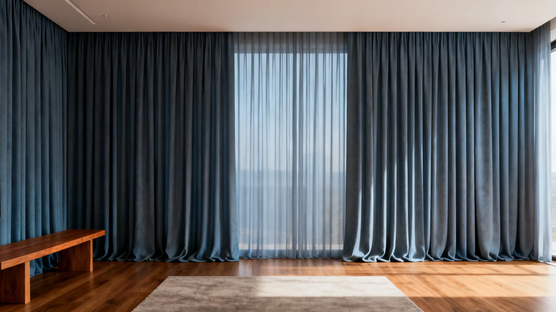 Low living room with floor-to-ceiling blue-grey curtains that visually raise the height.
