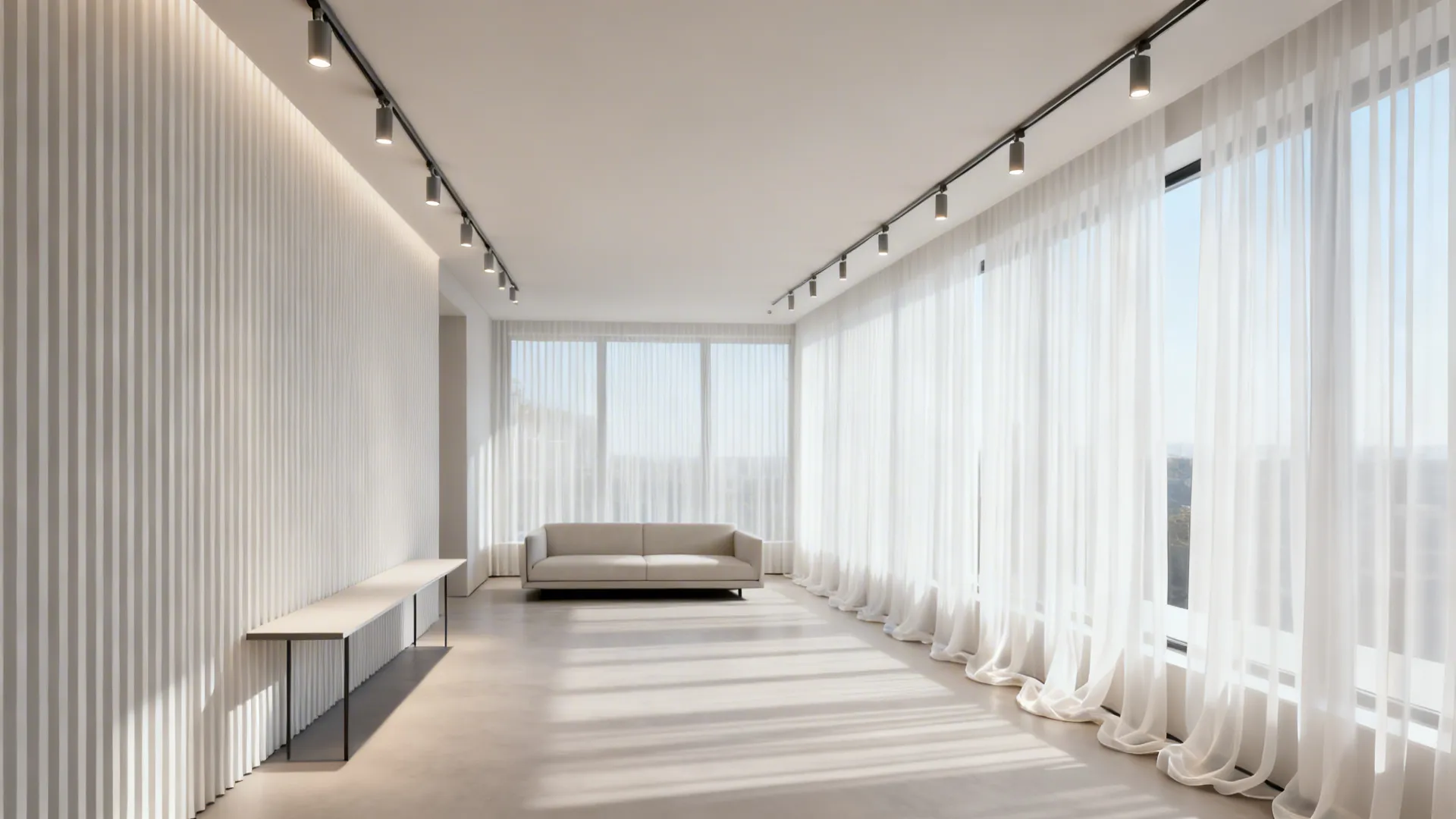 Living room with ceiling-mounted continuous track and floor-to-ceiling sheer panels that elongate the space.
