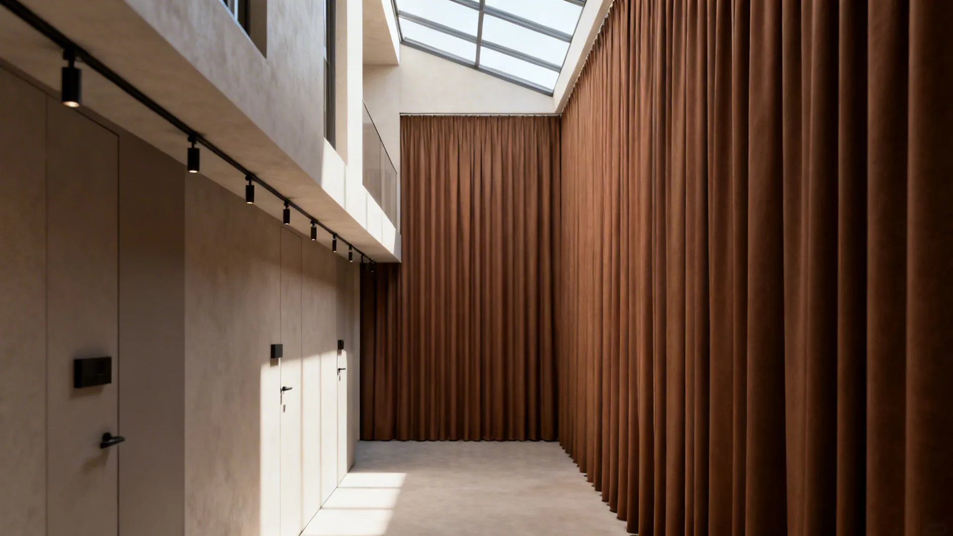 Minimalist loft with ceiling-mounted floor-to-ceiling brown panels and slim hardware.