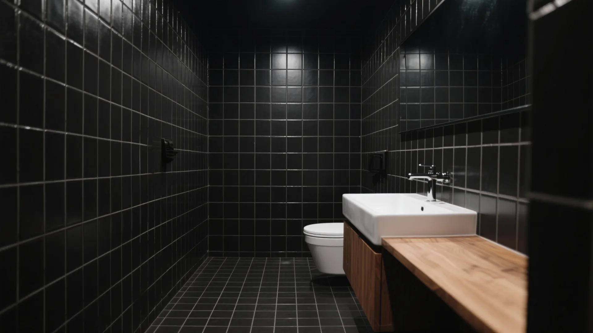 Modern bathroom with black square wall tiles white sink on wood counter and white toilet